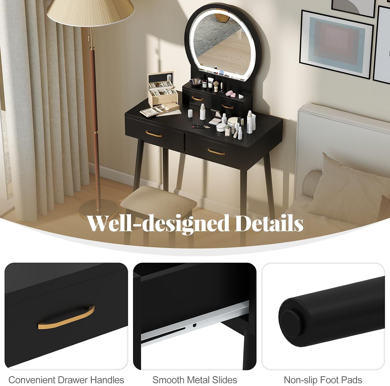 COSTWAY Small Vanity Desk with Mirror and Lights, Makeup Table with 4 Drawers, Vanity Stool, Round Lighted Mirror, 3 Color Modes, Dressing Table Set for Bedroom Small Space (Black)