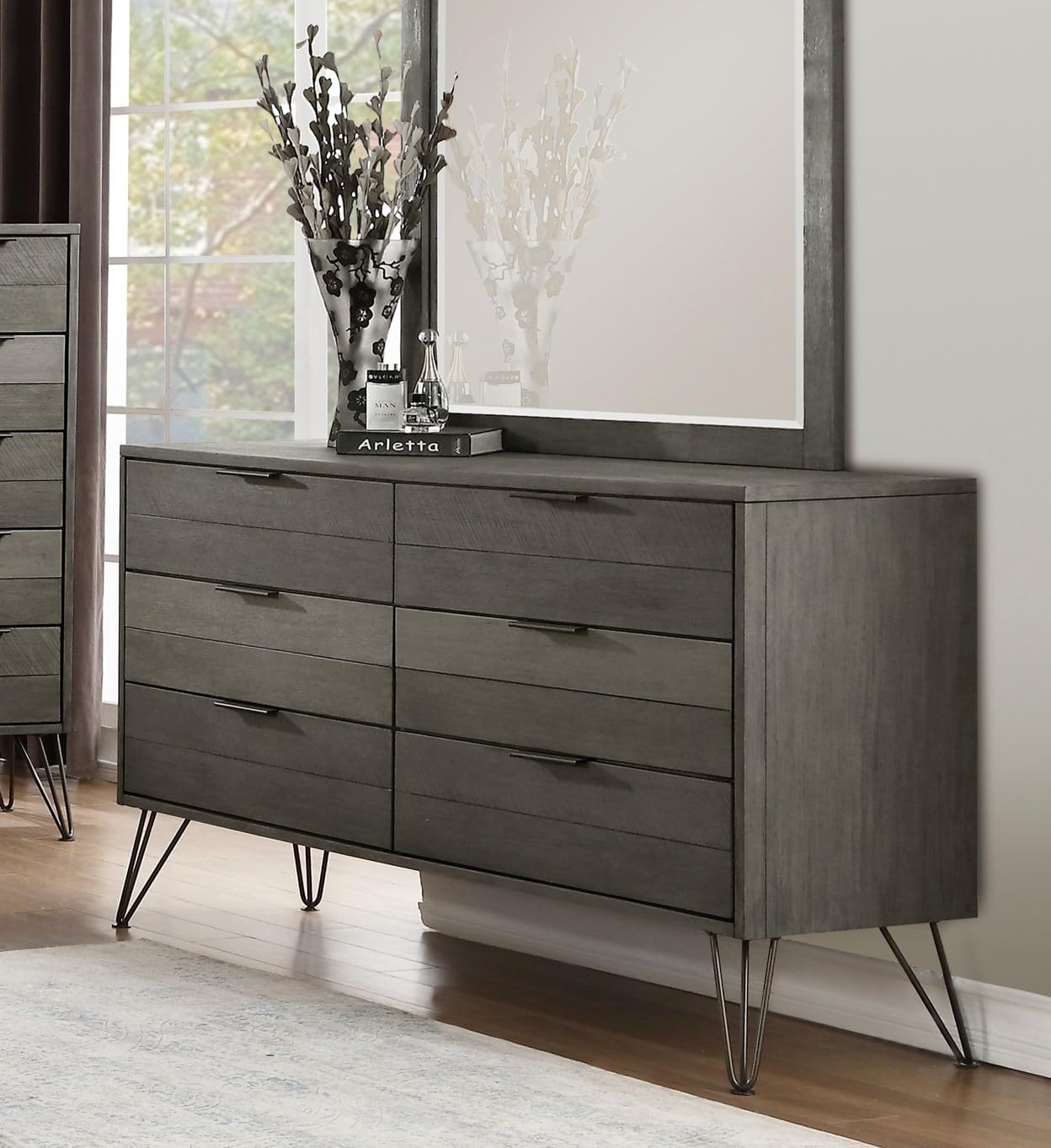 5-Piece Modern California King Size Bed Set Panel Gray Finish Solid Acacia Wood Metal Legs Bedroom Furniture