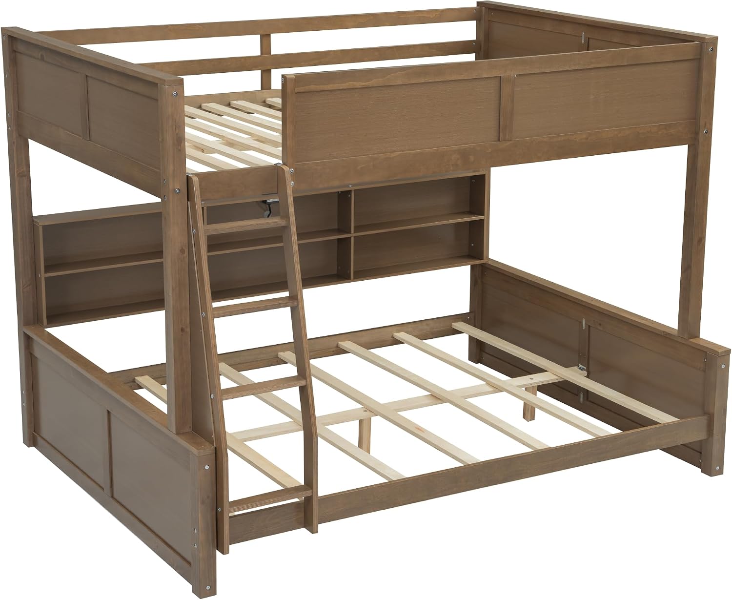 Full XL Over Queen Bunk Bed with Storage Cabinets and USB Ports, Solid Pine Wood Frame, Safety Guard Rails, No Box Spring Needed (Wood2, Full XL Over Queen)