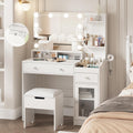 Vabches Vanity with Mirror and Lights, Makeup Vanity Table with Charging Station, Cute Vanity Set with Comfortable Bench, Dressing Table with 3 Storage Compartments, 39.8inch, White