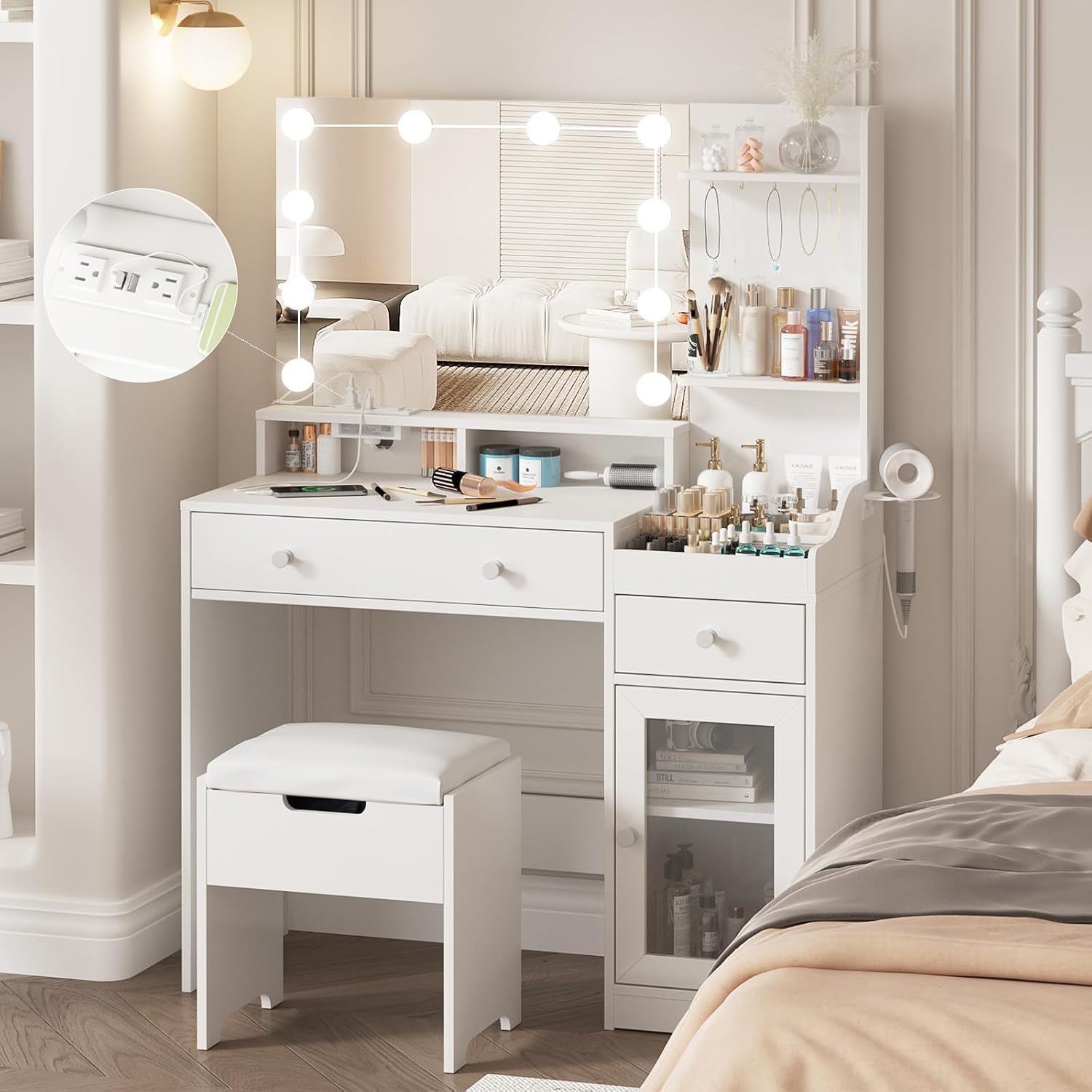 Vabches Vanity with Mirror and Lights, Makeup Vanity Table with Charging Station, Cute Vanity Set with Comfortable Bench, Dressing Table with 3 Storage Compartments, 39.8inch, White