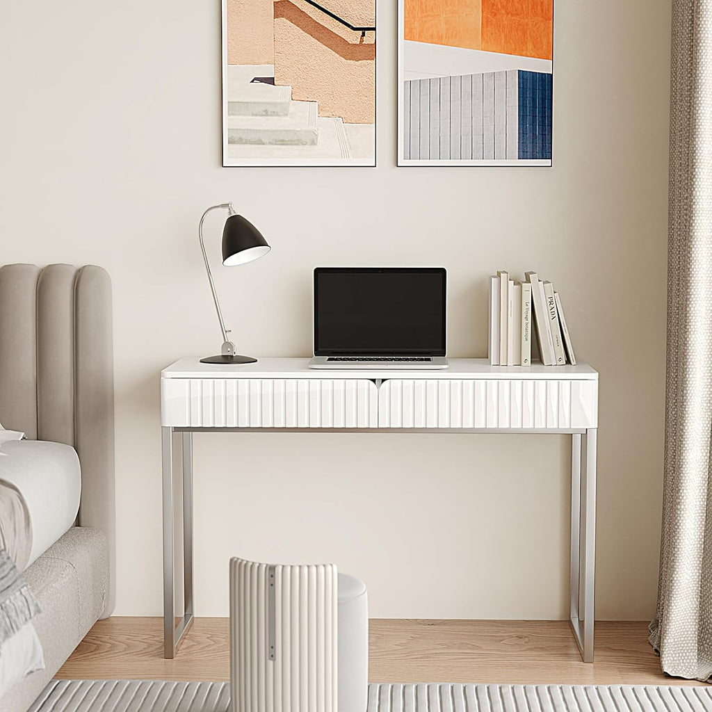 Tamworth Design Modern Multi-Purpose Desk, White & Antique Brass, 43' L x 15.75' W, 2 Large Drawers, Computer/Vanity/Study, Adult Size