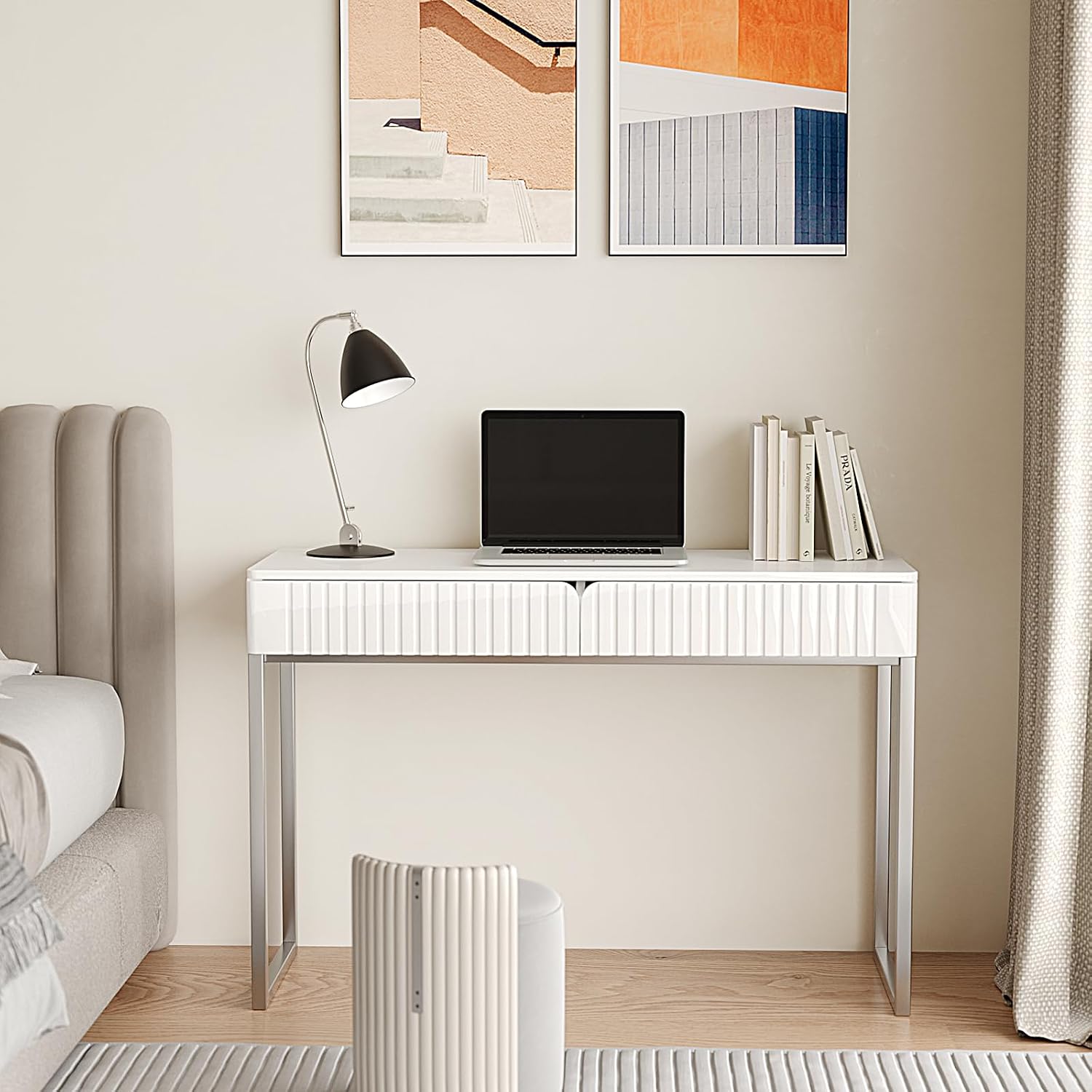 Tamworth Design Modern Multi-Purpose Desk, White & Antique Brass, 43' L x 15.75' W, 2 Large Drawers, Computer/Vanity/Study, Adult Size