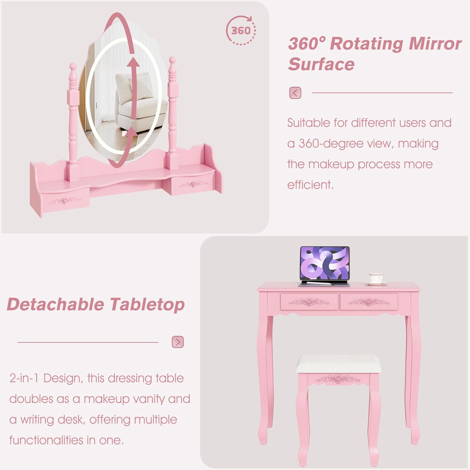 Vanity Desk with Mirror and Lights, Modern Vanity Makeup Table and Cushioned Stool Set with 4 Drawers, 3 Color Lighting Modes with Adjustable Brightness, Dressing Table Set for Bedroom (Pink Vanity)