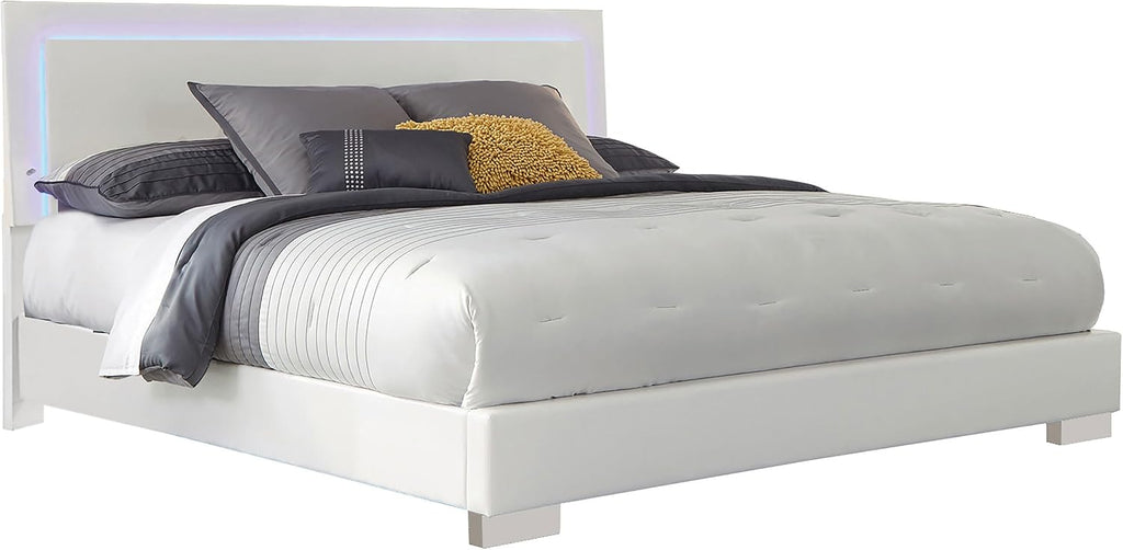 Coaster Home Furnishings Felicity Contemporary 5-Piece Bedroom Set California King Size LED Panel Bed Frame 49-inch Headboard White High Gloss 203500KW-S5L