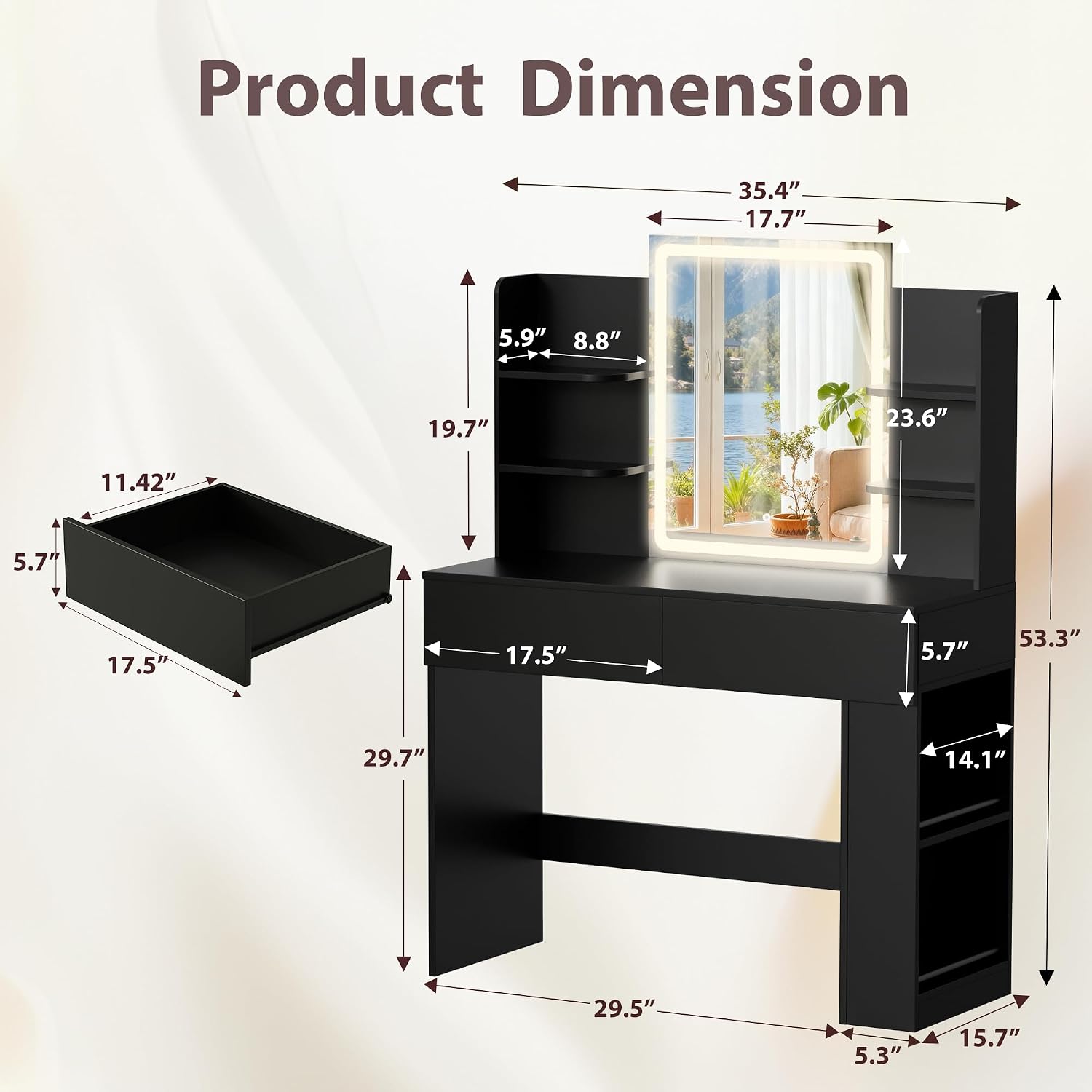 Furmax Vanity Desk with Mirror and LED Lights, Makeup Vanity Table with 3 Lighting Color, Adjustable Brightness, Vanity Table with 2 Drawers, Side Storage, for Bedroom (Black, No Bench)