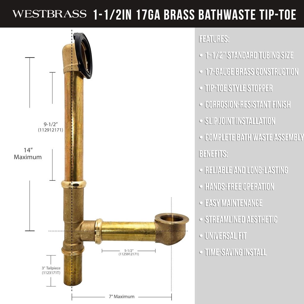Westbrass A321H-50 14' Brass Bath Waste & Overflow Assembly with Twist & Close Drain Plug and Illusionary Faceplate, Powder Coat White