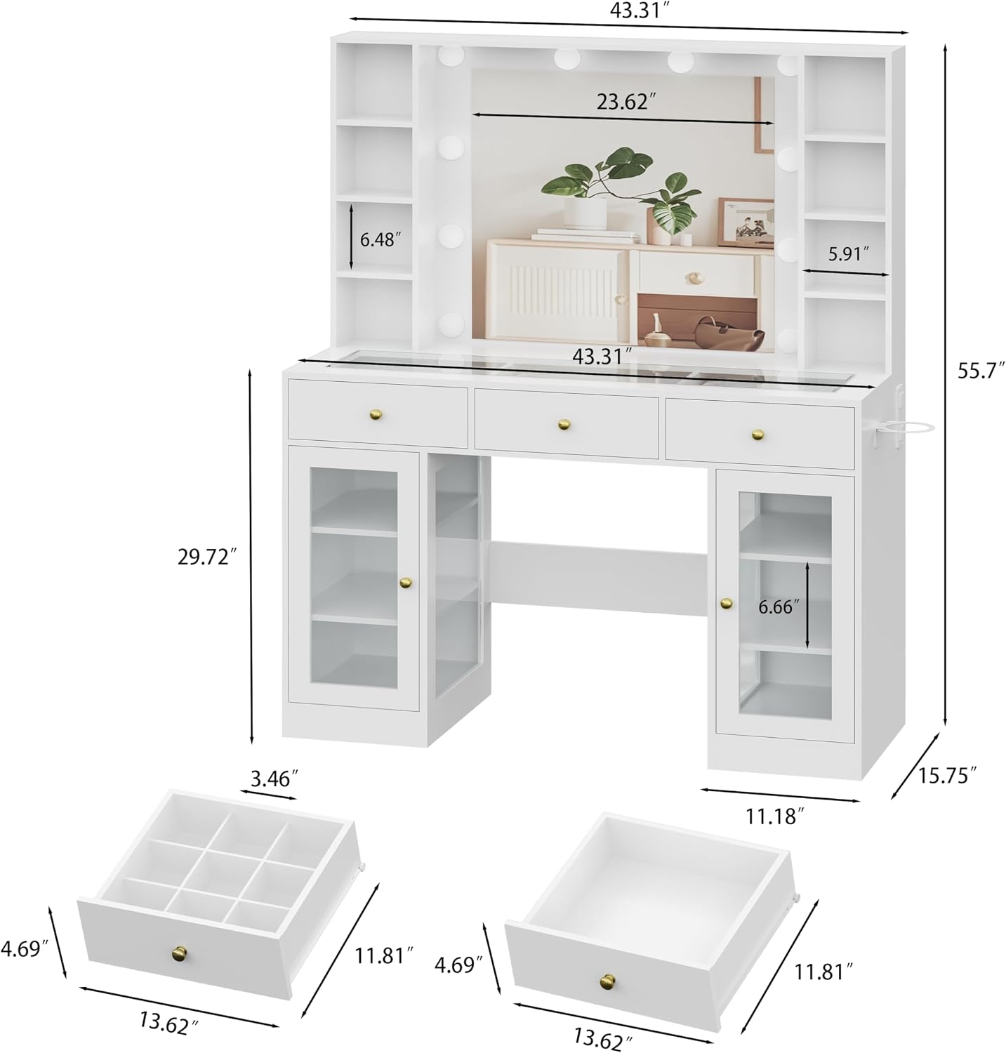 HUANLEGO White Vanity Desk with Mirror and Lights, Glass Top Vanity with Lighted Mirror & RGB Glass Cabinet and 3 Drawers, Makeup Vanity Desk with Lights Dressing Table for Bedroom, 3 Color Modes