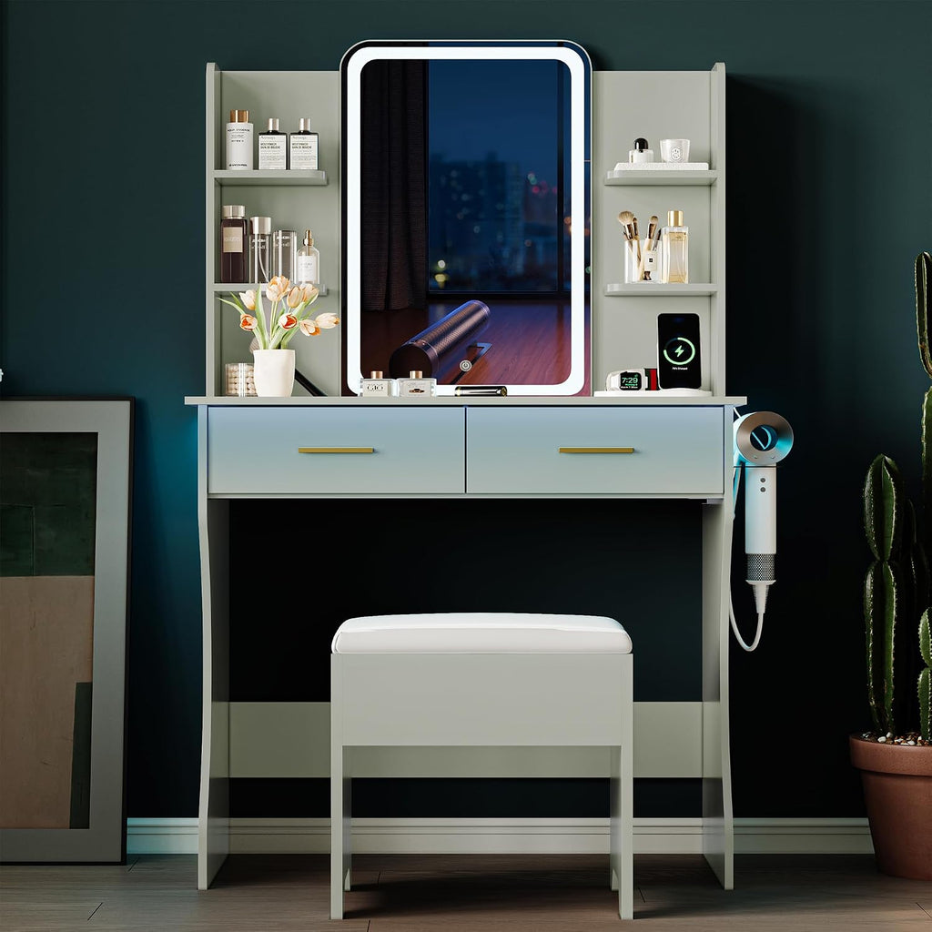 Vanity Desk with LED Lights Mirror & Power Outlet, Small Makeup Vanity Table Set with Storage Drawers & Chair, 3 Lighting Modes & Adjustable Brightness, Dressing Table for Women Girls Bedroom, Green