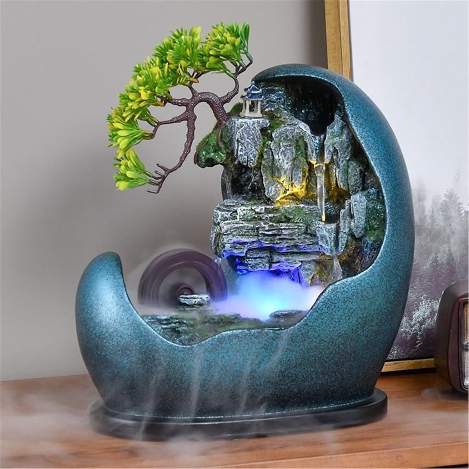 Tabletop Water Fountain Tabletop Waterfall Fountain – Adjustable Pump or Faux Bonsai Tree, Resin Indoor Desk Fountain Décor Office Relaxation Meditation Fountain(Blue)