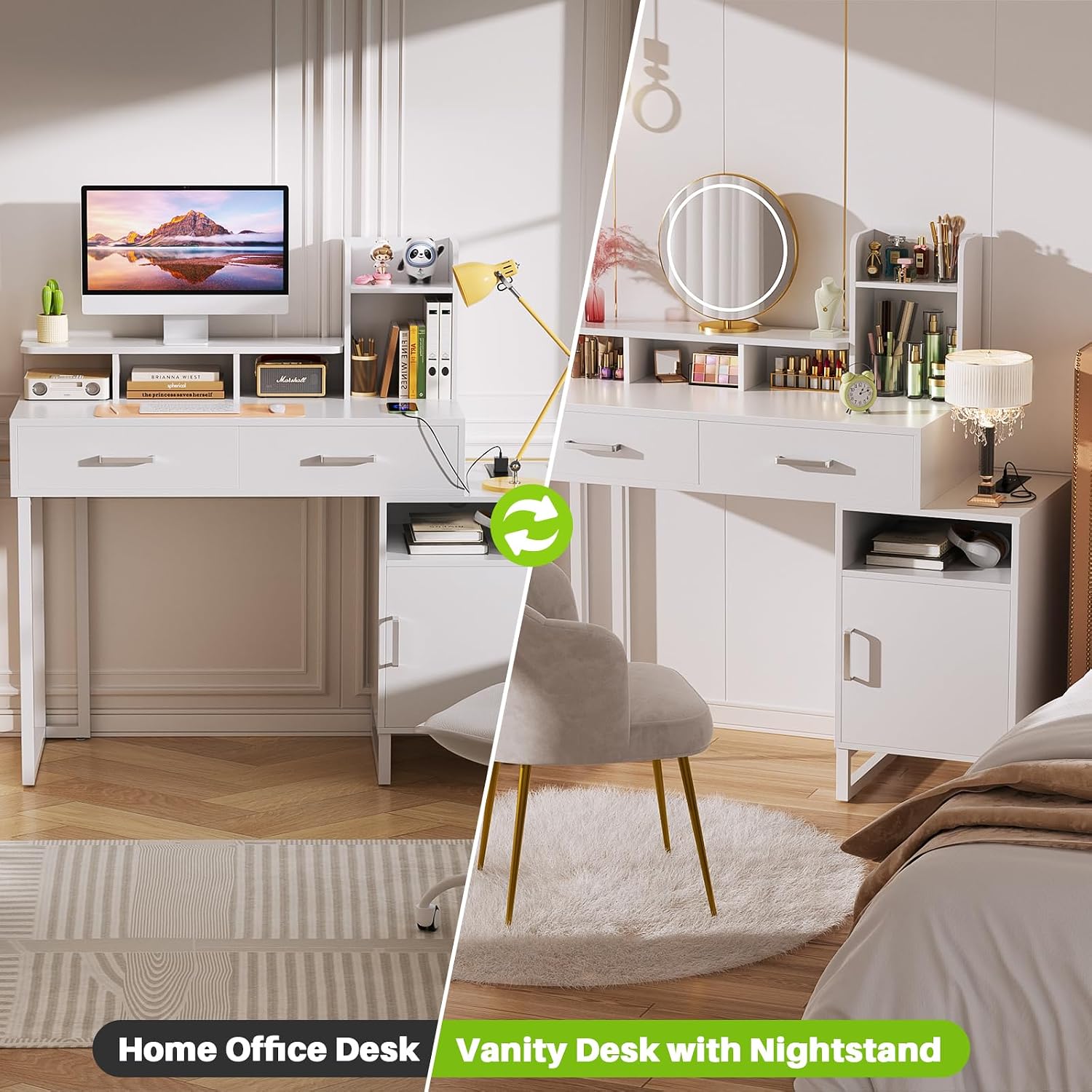 Besiost Vanity Desk, Small Vanity Desk with Power Outlet, Makeup Desk with Drawers and Cabinets, Vanity Set with Storage Shelves for Bedroom, No Mirror, White