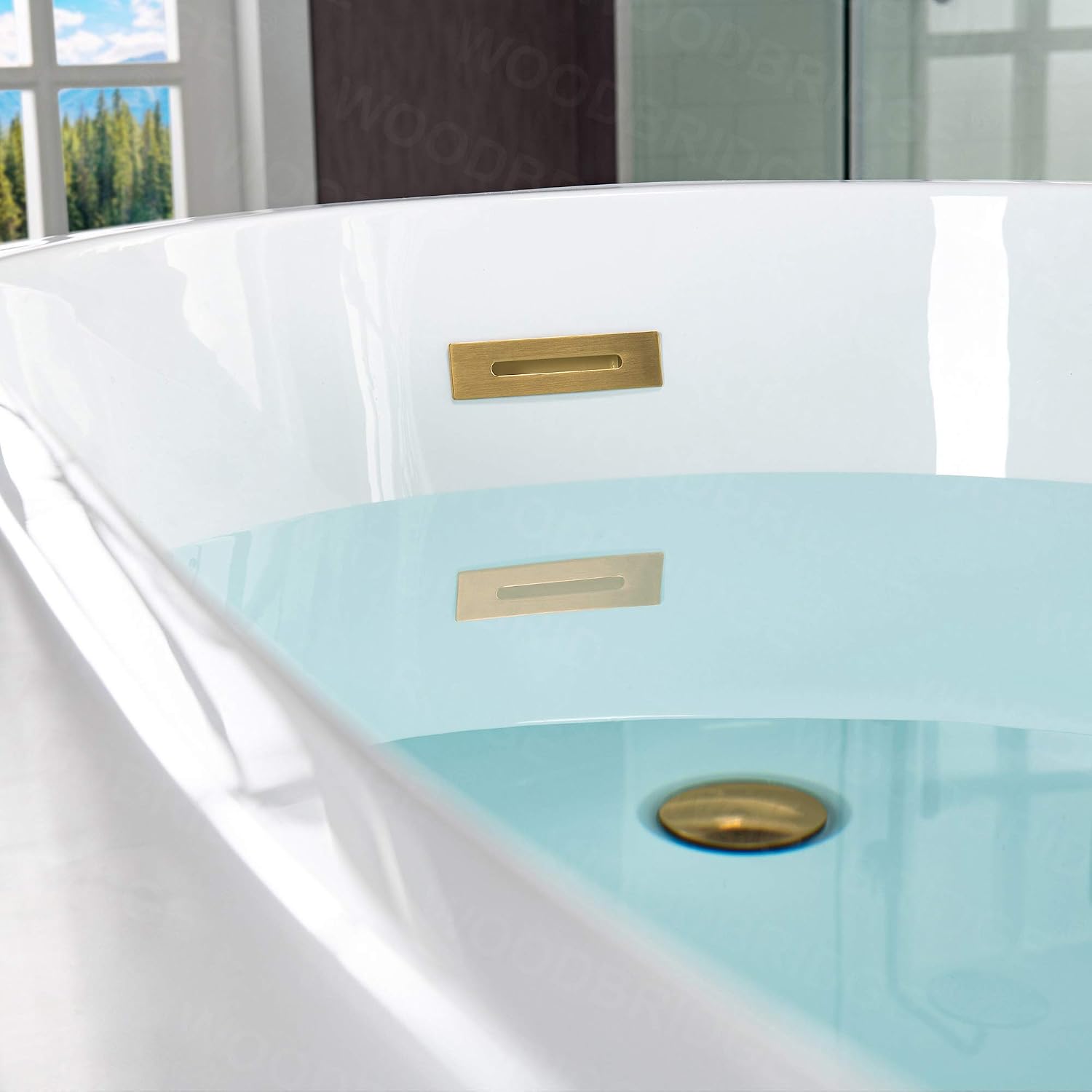 WOODBRIDGE 67'Freestanding White Acylic Soaking Bathtub with White Pillow,Drain and Overflow in Brushed Gold,BTA1508 -BG-Drain &O+ Pillow