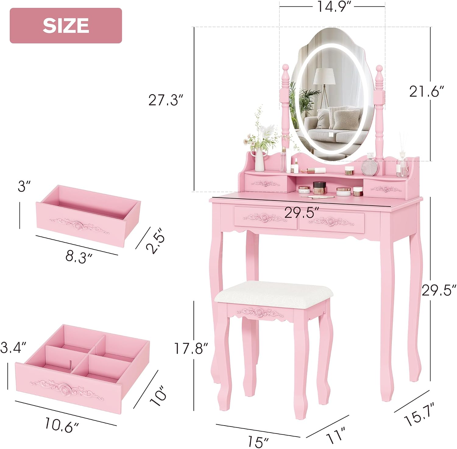 Vanity Desk with Mirror and Lights, Modern Vanity Makeup Table and Cushioned Stool Set with 4 Drawers, 3 Color Lighting Modes with Adjustable Brightness, Dressing Table Set for Bedroom (Pink Vanity)