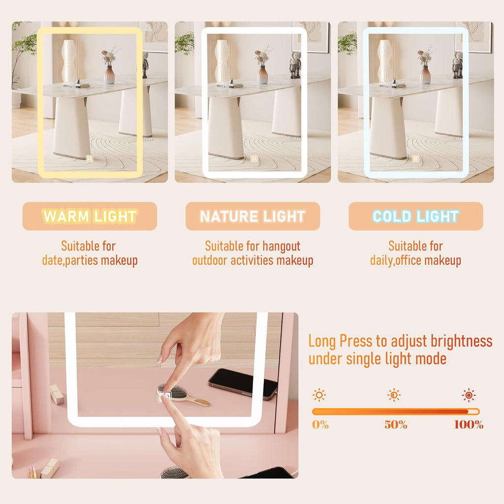 DYHOME Makeup Vanity Desk with LED Lights Mirror 3 Adjustable Modes and Power Outlets, Vanity Table with 6 Drawers Dresser and Bench, Makeup Desk for Bedroom Dressing Room, Pink