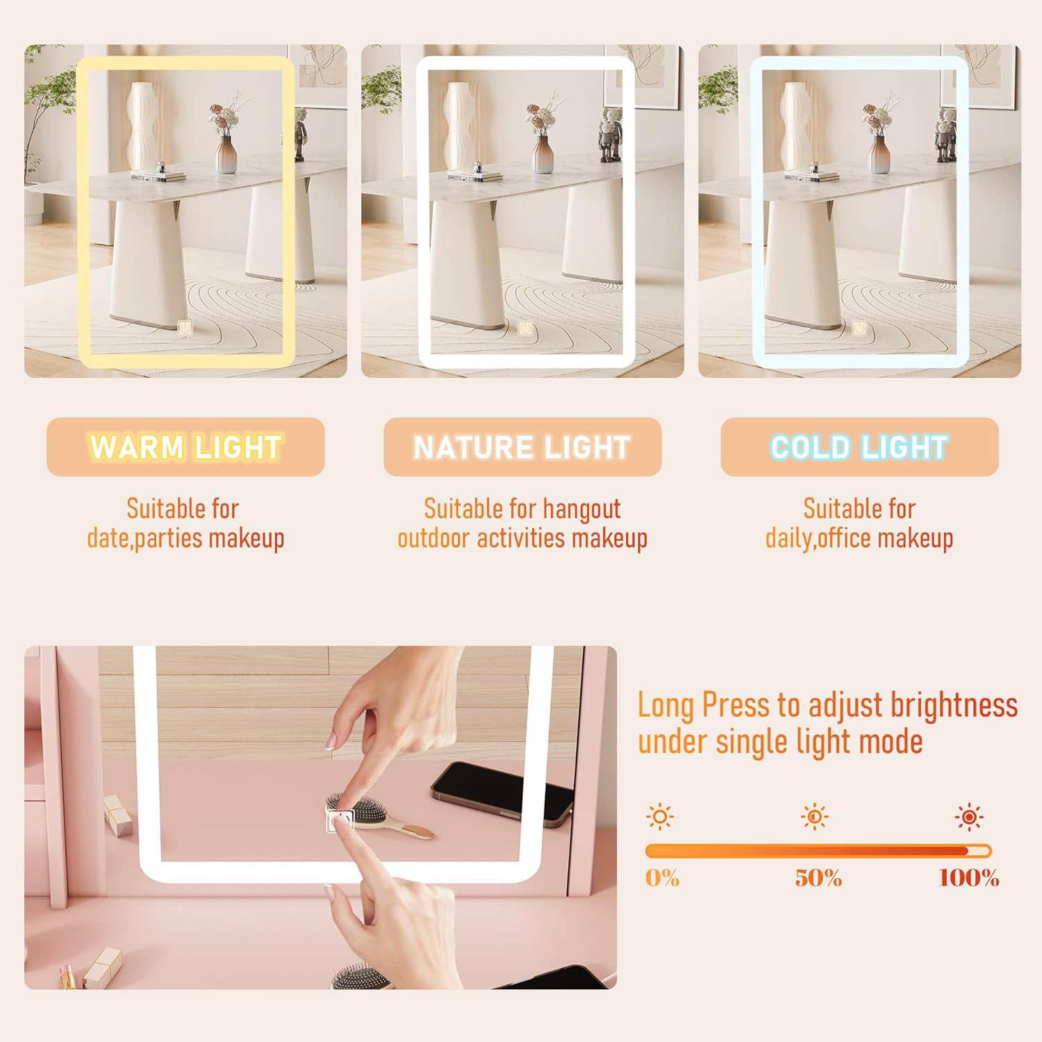 DYHOME Makeup Vanity Desk with LED Lights Mirror 3 Adjustable Modes and Power Outlets, Vanity Table with 6 Drawers Dresser and Bench, Makeup Desk for Bedroom Dressing Room, Pink