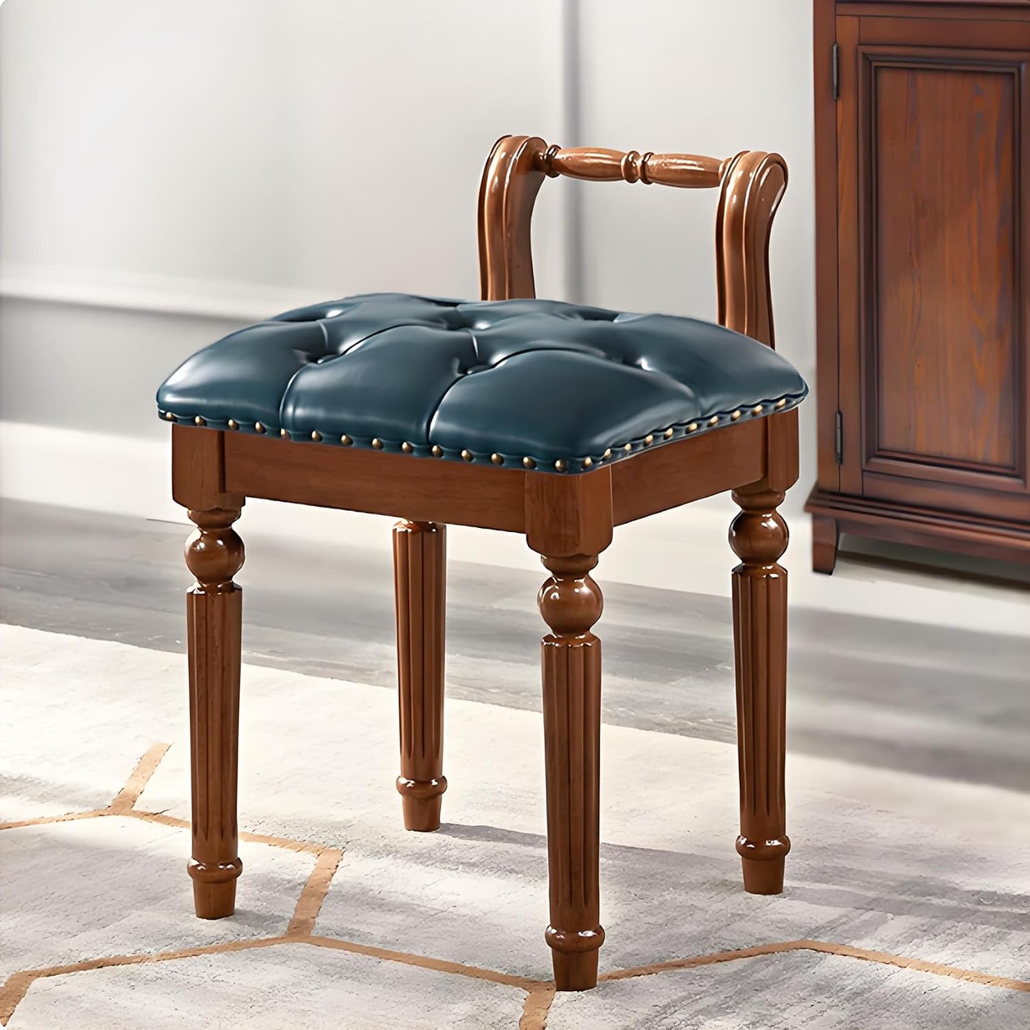 Domesto Low Back Vanity Bench Stool with Padded Cushion, Leather Retro Makeup Stool, Solid Wood Carving Legs Piano Bench (Blue)