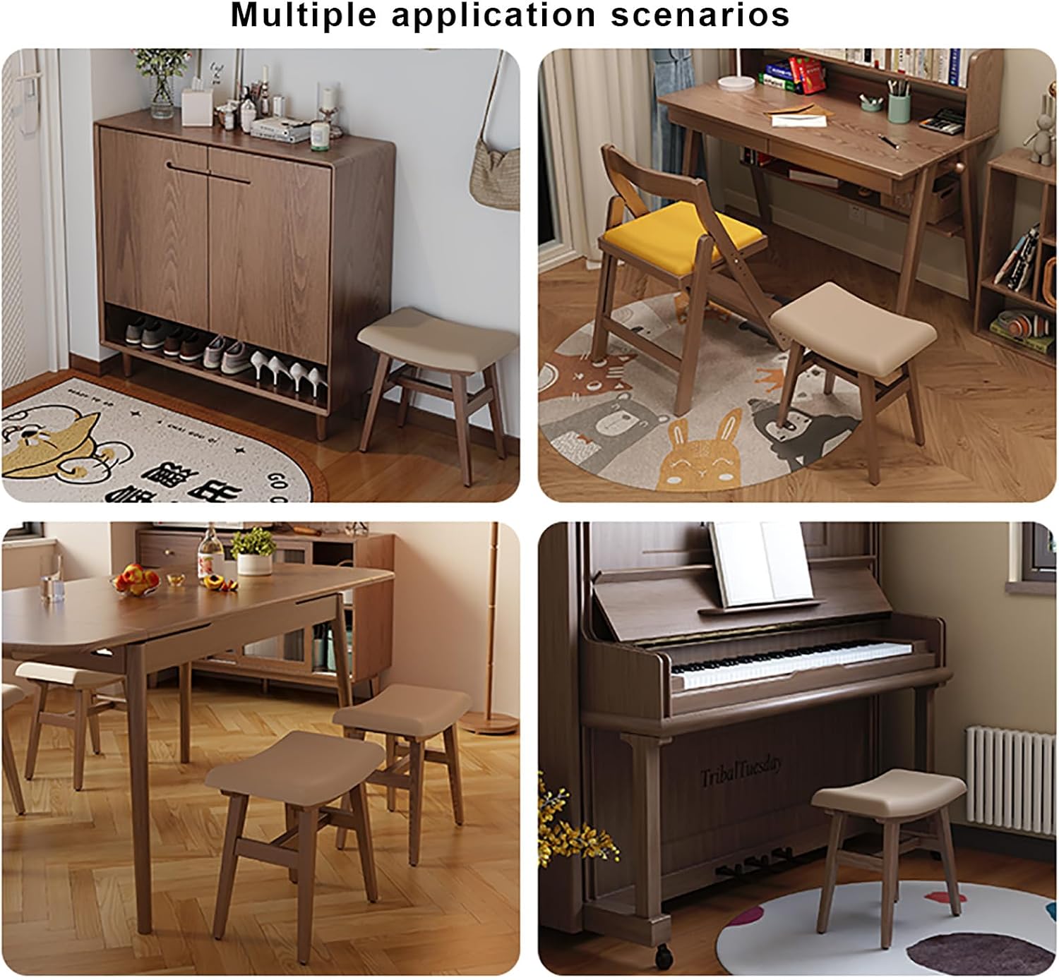 Makeup Vanity Stool, Saddle Cushion Vanity Bench Ottoman with Solid Wood Leg and Upholstered Seat, Entryway Shoe Bench, Counter Height Bar Stool for Kitchen Dining Piano