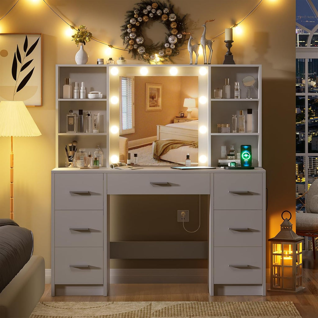 DINGIPP Makeup Vanity Desk with Mirror,10 Lights and Power Strip,Large Makeup Vanity with Shelves and 7 Drawers, Vanity Desk Dressing Table with 3 Color Adjustable Light,Vanity Table (White)
