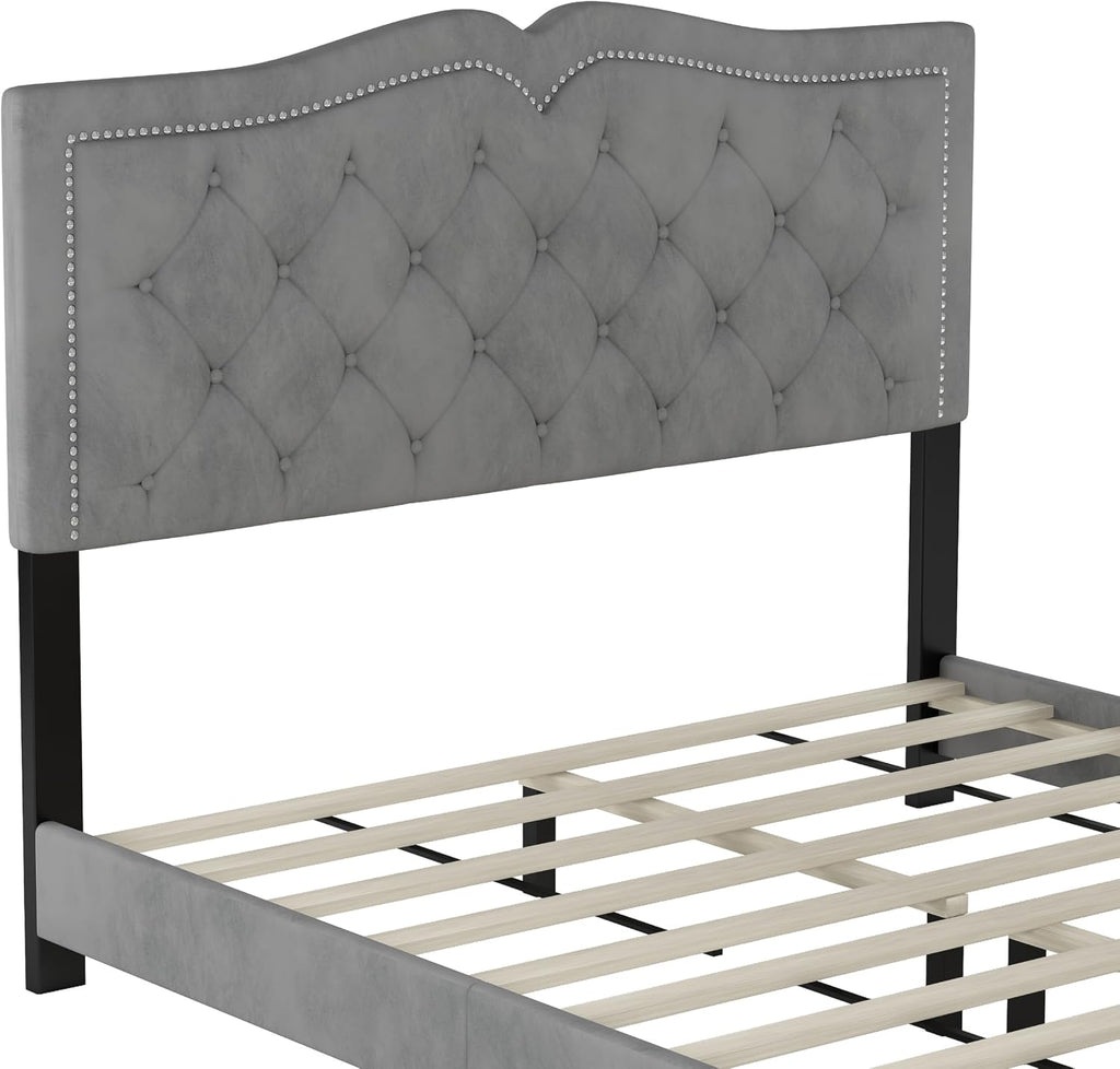 VilroCaz Elegant Velvet Design 3-Pieces Bedroom Sets, Modern Full Size Platform Bed with 2 Nightstands, Bedside Table, Rivet Design Tufted Headboard (Grey-CB, Full)