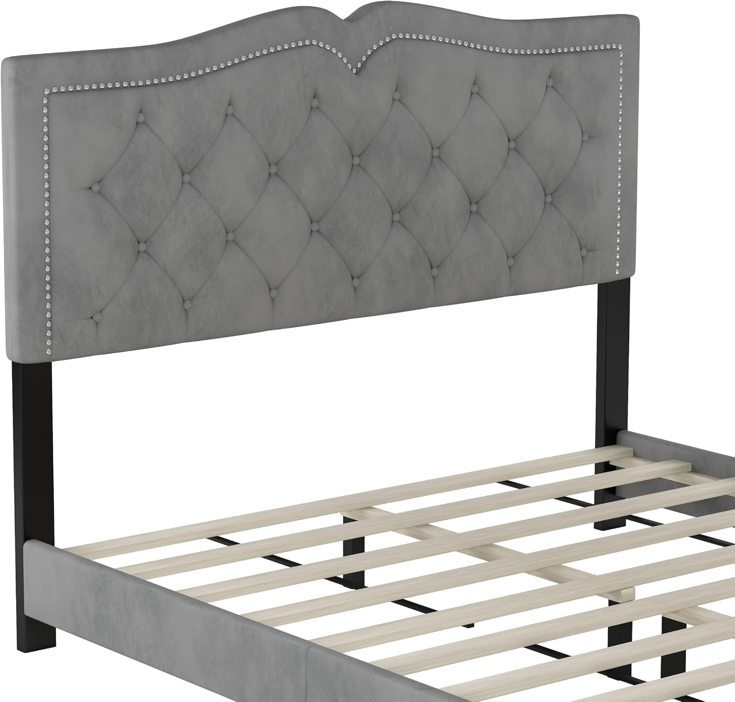 VilroCaz Elegant Velvet Design 3-Pieces Bedroom Sets, Modern Full Size Platform Bed with 2 Nightstands, Bedside Table, Rivet Design Tufted Headboard (Grey-CB, Full)