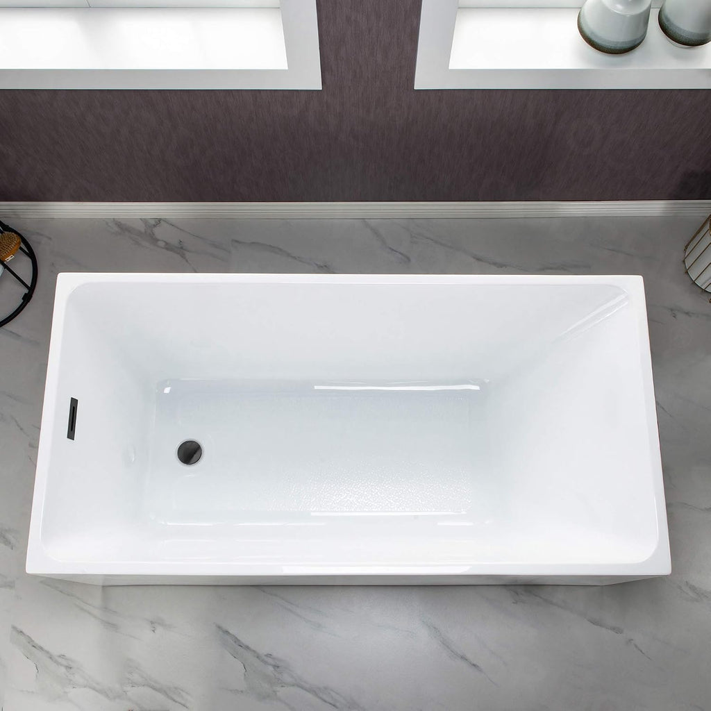 WOODBRIDGE 59' Acrylic Freestanding Bathtub Contemporary Soaking White Tub with Matte Black Overflow and Drain，B0085-MB-Drain&O