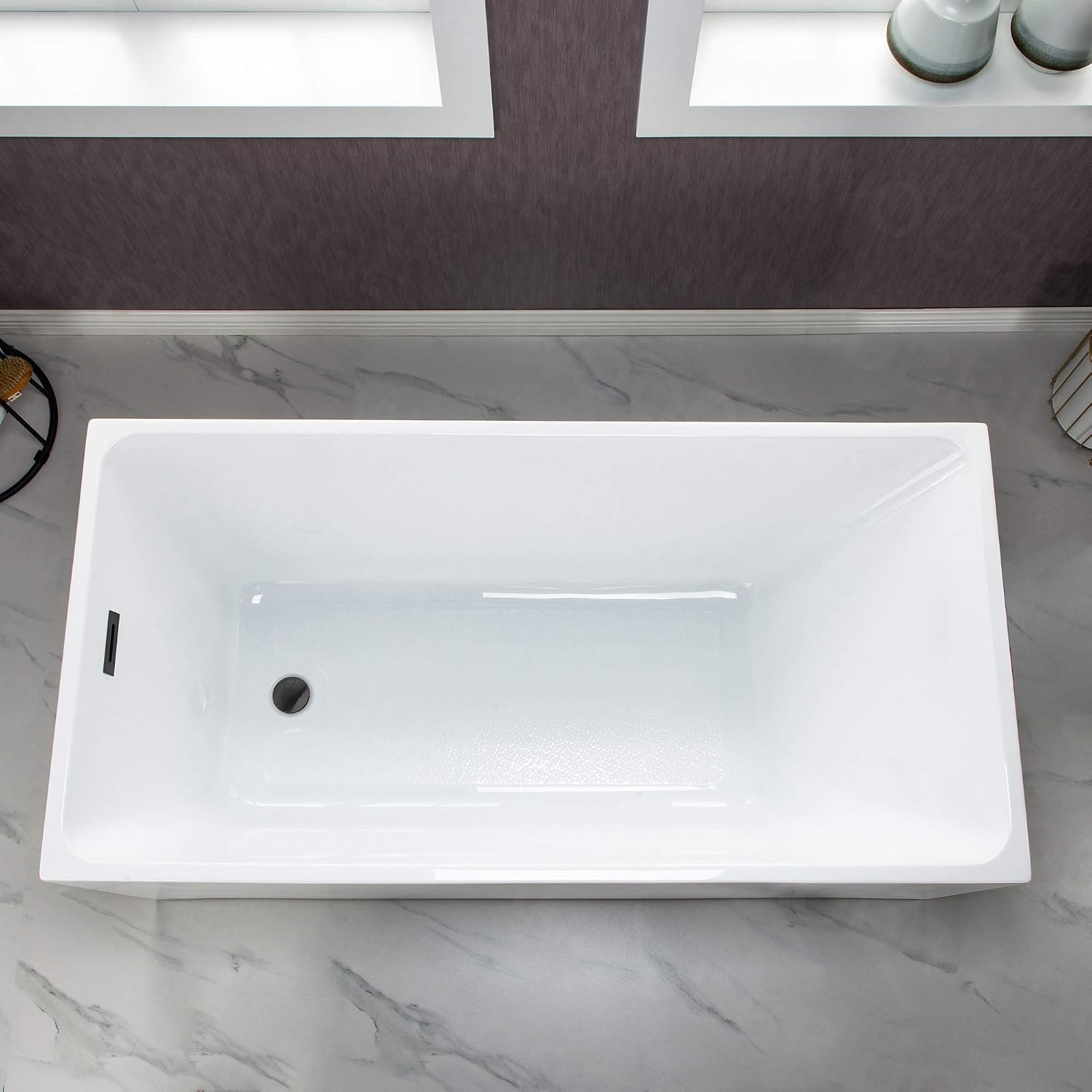 WOODBRIDGE 59' Acrylic Freestanding Bathtub Contemporary Soaking White Tub with Matte Black Overflow and Drain，B0085-MB-Drain&O