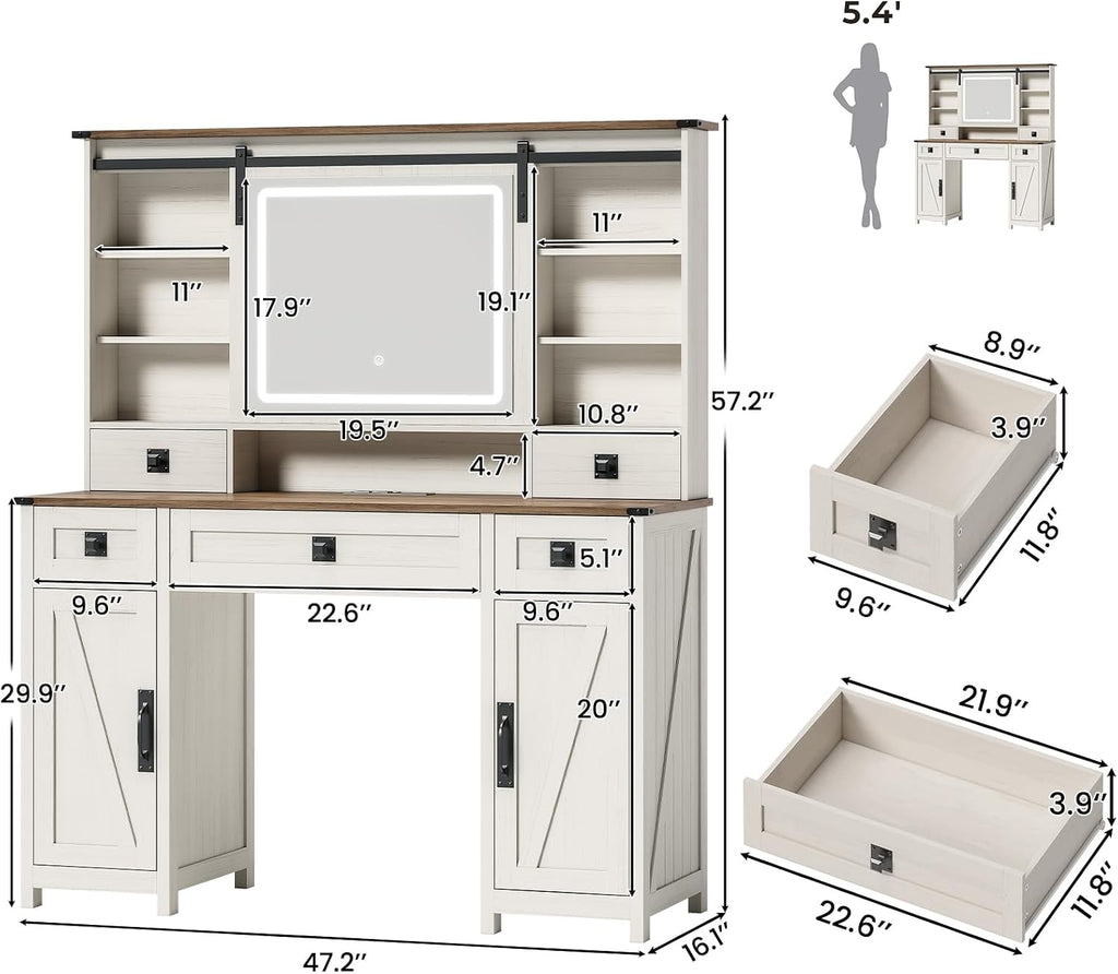 MSmask Farmhouse Makeup Vanity Desk with Sliding Mirror and Lights, 47.2' Big Vanity Table with Charging Station, Makeup Desk with 5 Drawers & 2 Cabinets, White