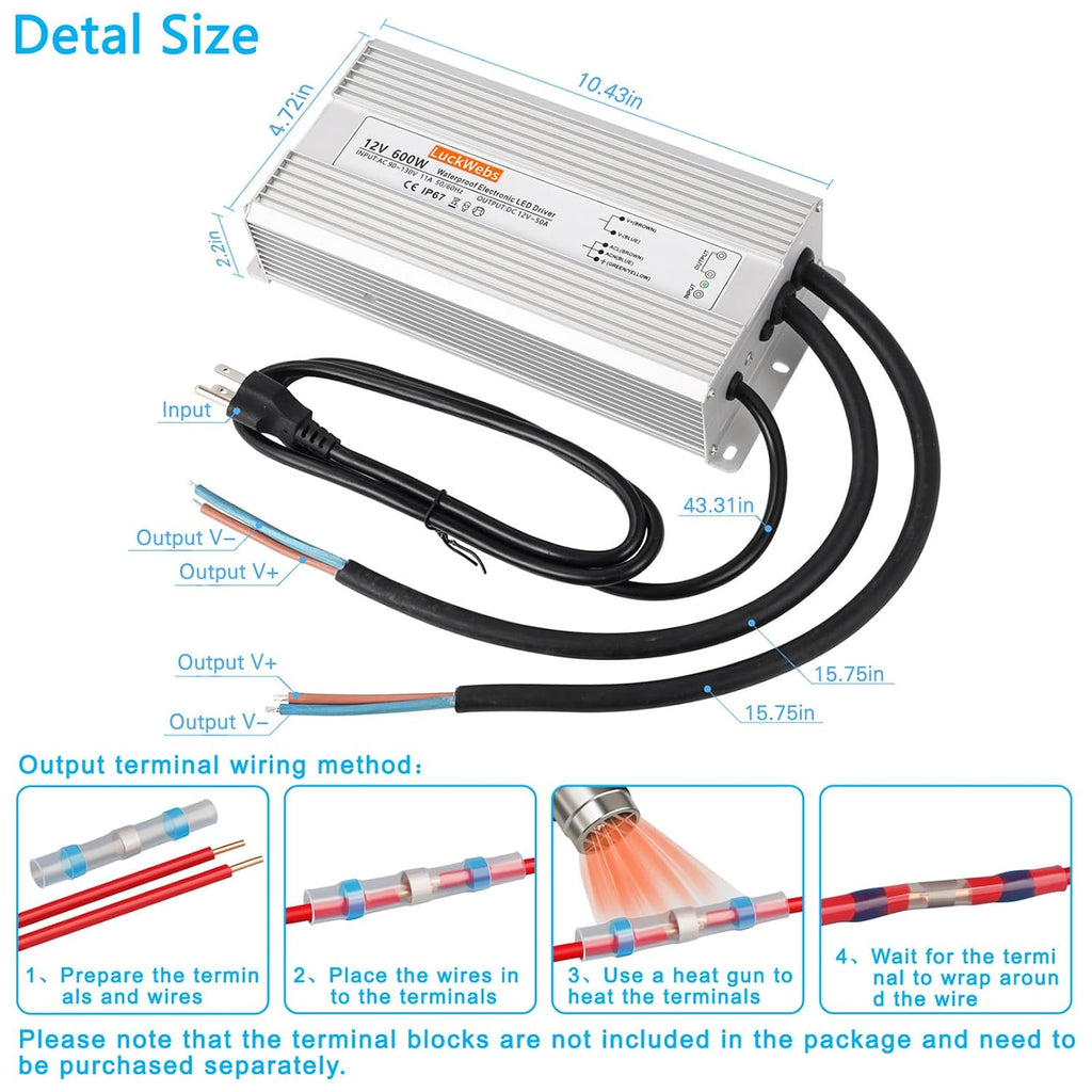 LED Driver 12V 600W Waterproof Power Supply AC 90-130V to DC 12V50A Low-Voltage IP67 Switching Power Supply Outdoor LED Garden Landscape Lights LED Strip Light Spotlights Transformer