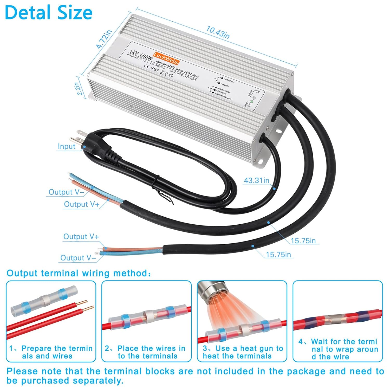 LED Driver 12V 600W Waterproof Power Supply AC 90-130V to DC 12V50A Low-Voltage IP67 Switching Power Supply Outdoor LED Garden Landscape Lights LED Strip Light Spotlights Transformer