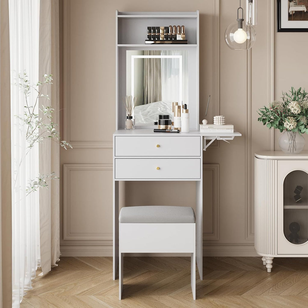 ARTETHYS Small Vanity Desk Set with 3 Adjustable Lighted Mirror and Storage Chair Mini Makeup Vanities Set for Compact Space White Dressing Table with Fold-up Panel for Bedroom
