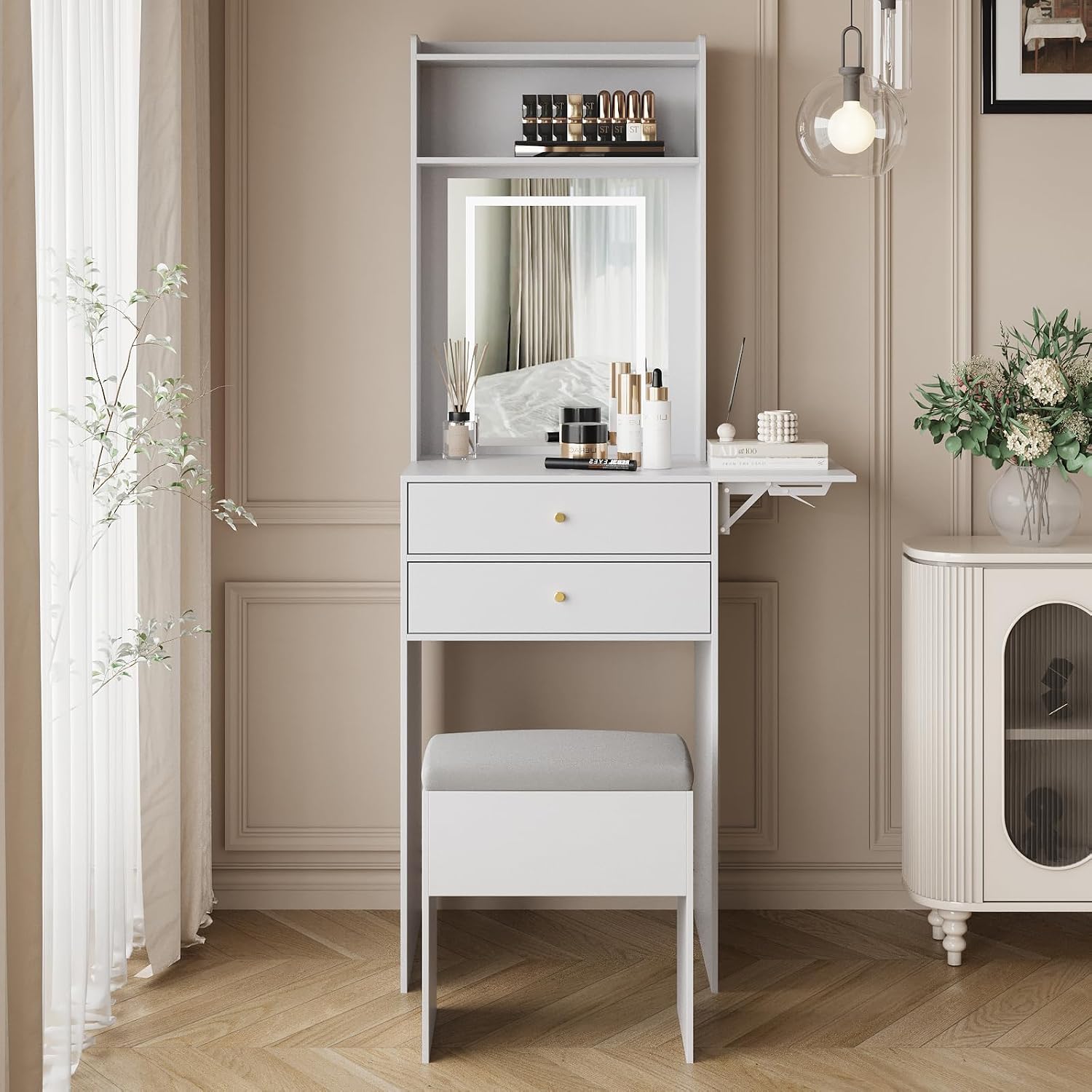 ARTETHYS Small Vanity Desk Set with 3 Adjustable Lighted Mirror and Storage Chair Mini Makeup Vanities Set for Compact Space White Dressing Table with Fold-up Panel for Bedroom