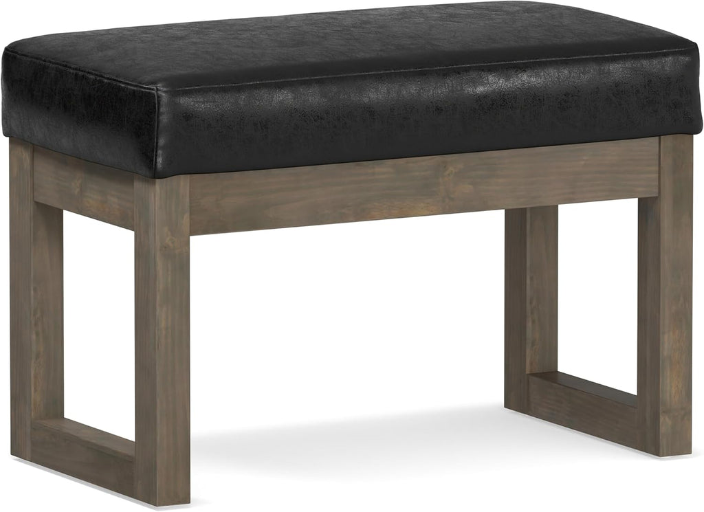 SIMPLIHOME Milltown Small Ottoman Bench - 27' Wide x 18' High Upholstered Vegan Leather Rectangle Footstool Ottoman in Distressed Black, Contemporary Bench for Bedroom with Cushioned Seat, Assembled