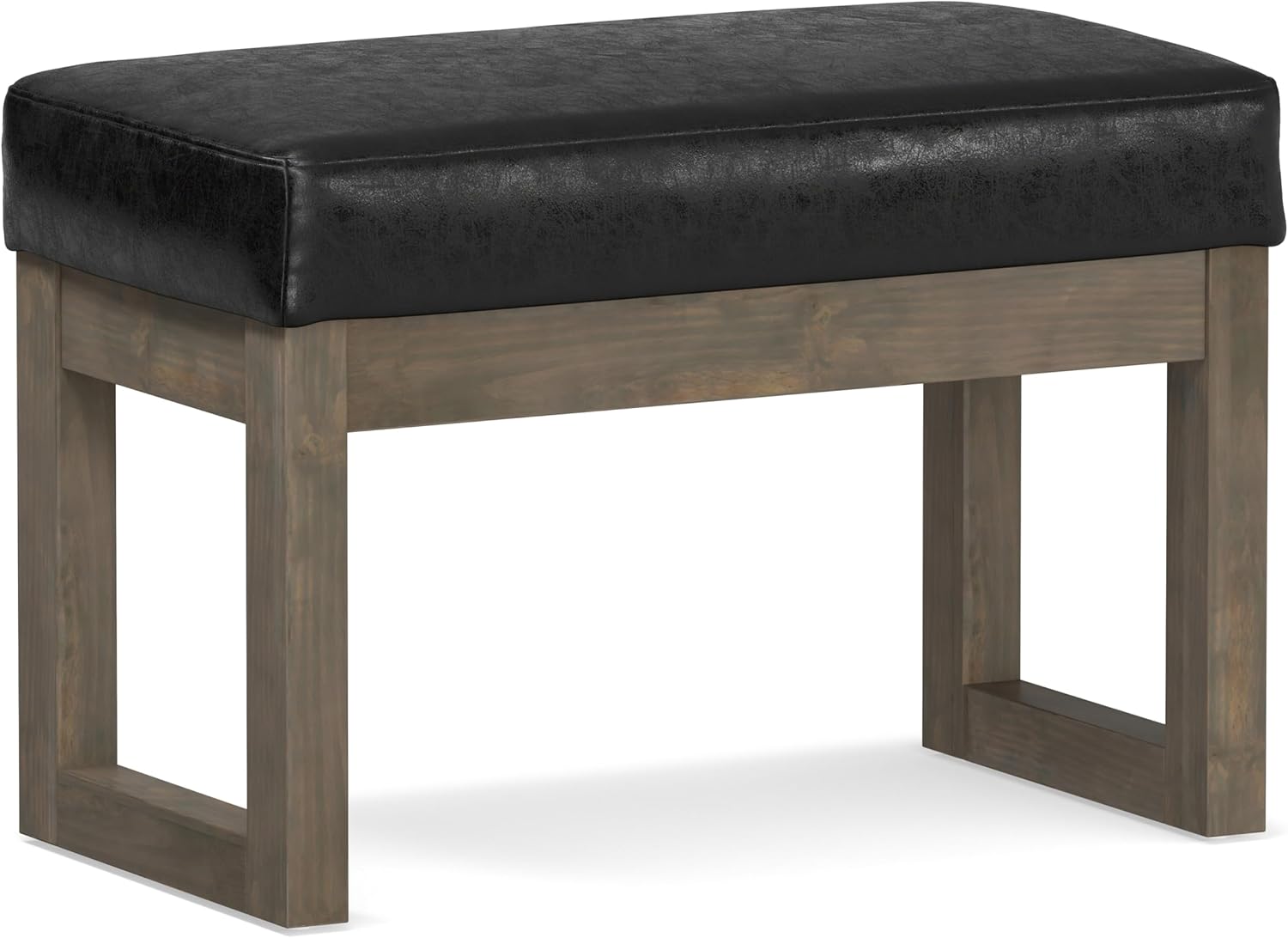 SIMPLIHOME Milltown Small Ottoman Bench - 27' Wide x 18' High Upholstered Vegan Leather Rectangle Footstool Ottoman in Distressed Black, Contemporary Bench for Bedroom with Cushioned Seat, Assembled