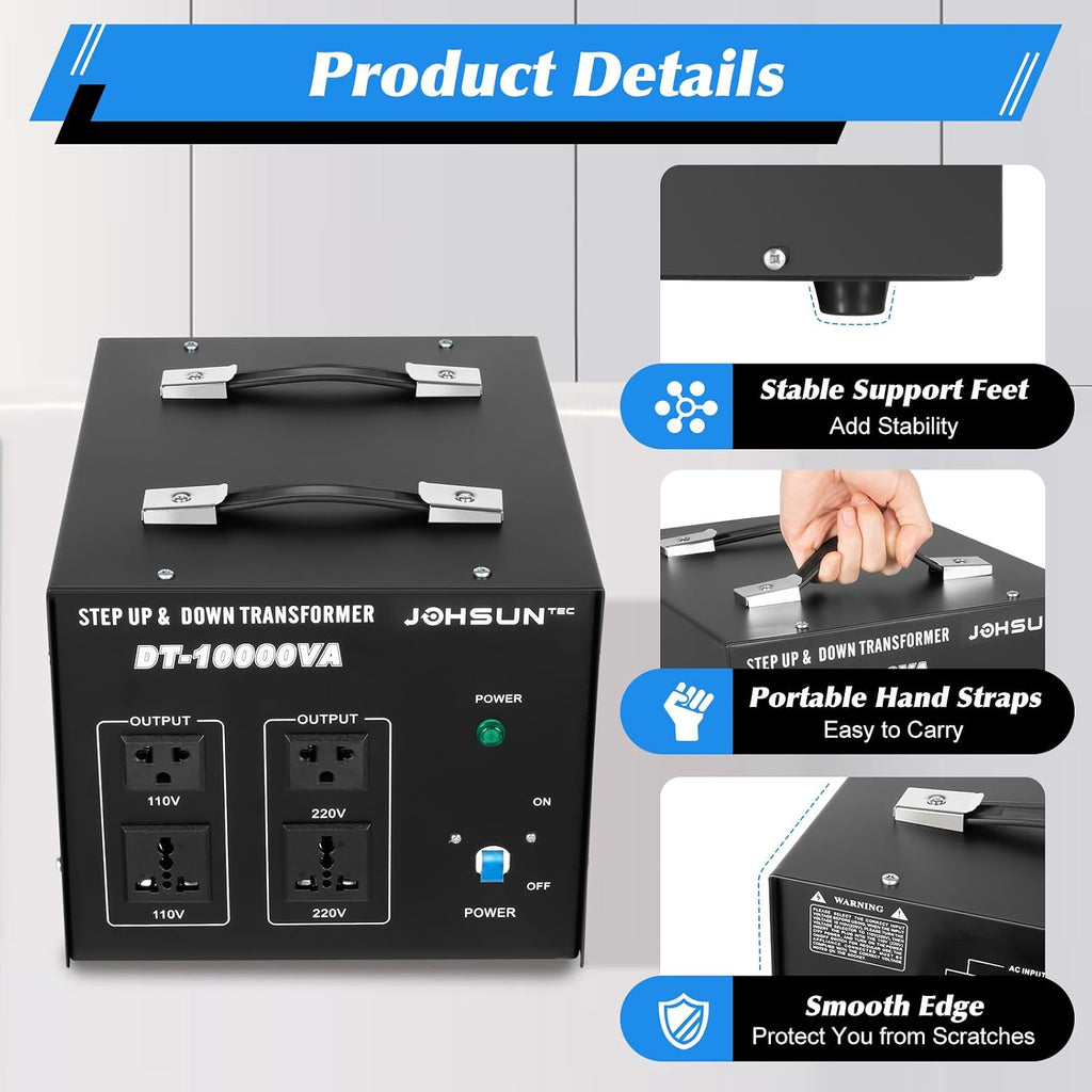 8000W Voltage Transformer Converter - Step Up/Down 110V to 220V & 220V to 110V Power Converter with US Standard Plug, Safety Guard, Portable Handle & Low Noise, Voltage Transformer Black