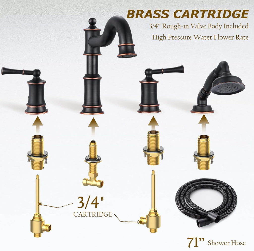 Roman Bathtub Faucet Set With Hand Shower 4 Hole Deck Mount Tub Filler With Diverter, 2 Lever Handle Rough-in Valve and Water Supply Lines Included for Bathroom Tub, ORB