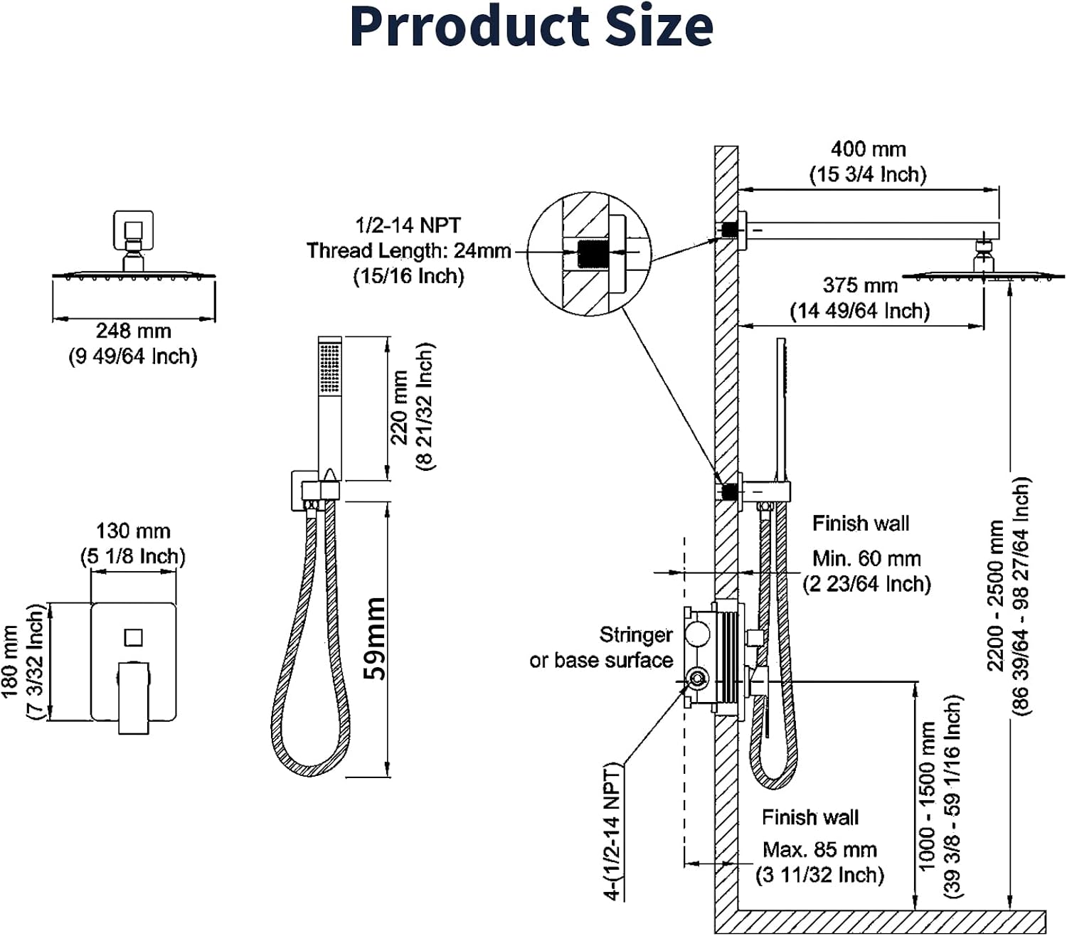 Shower System Shower Faucet Set with 10' Square Rainfall Shower Head and handheld shower faucet with Brass Valve Rough-In (Black)