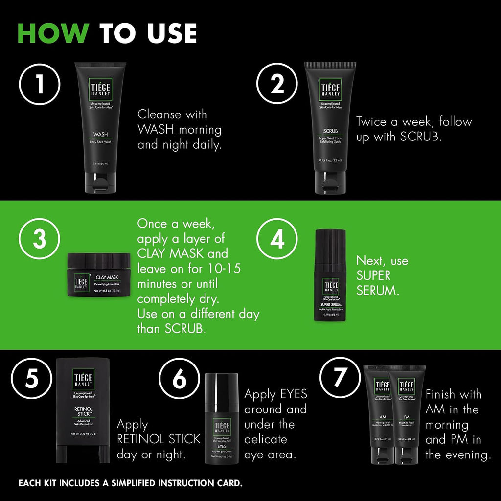 Tiege Hanley Skin Care Set for Men, Rejuvenation Routine, System Level 5, Face Wash, Scrub, Moisturizers, Eye Cream, Serum, Clay Mask, & Retinol Stick for Healthy Skin, Men's Skin Care, 8 Piece Kit
