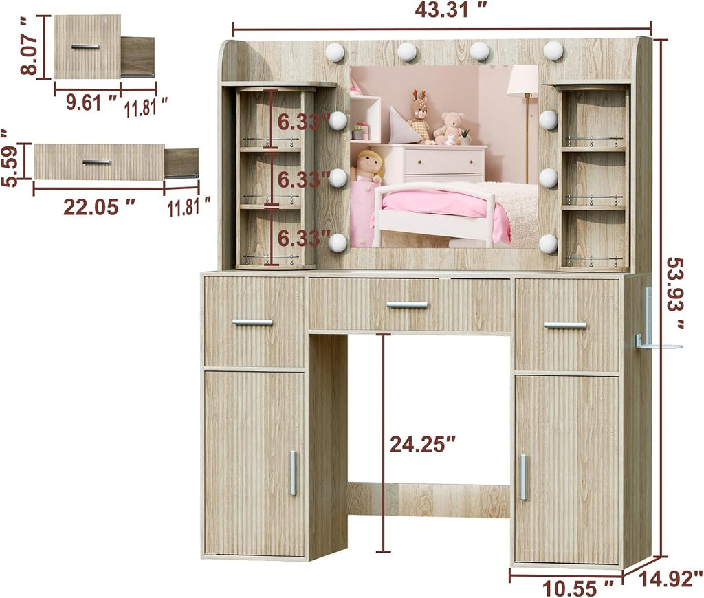 EasyCom Makeup Vanity Desk with Mirror and Lights, Vanity with Rotating Jewelry Organizers, Dressing Table with USB-C Charging Station, 3 Drawers and 2 Cabinets for Bedroom, Dressing Room, Natural Oak