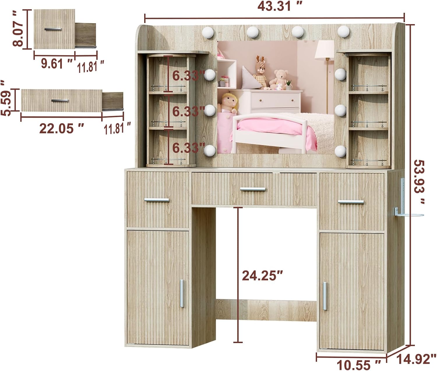 EasyCom Makeup Vanity Desk with Mirror and Lights, Vanity with Rotating Jewelry Organizers, Dressing Table with USB-C Charging Station, 3 Drawers and 2 Cabinets for Bedroom, Dressing Room, Natural Oak