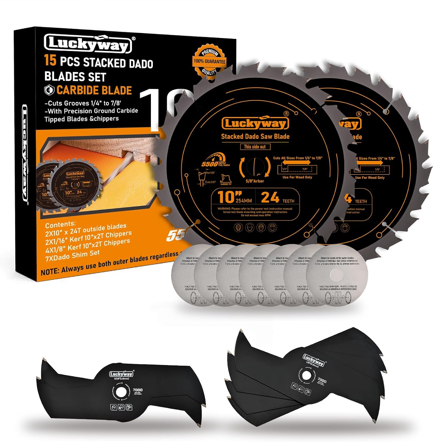 Luckyway Dado Blades for 10 Inch Table Saw, Cutting Width from 1/4' to 7/8' in 1/16',Stacked Dado Blade Set, 10 Inch Dado Blade 24 Carbide Tip Tooth with 5/8 Inch Arbor - 15 Pieces
