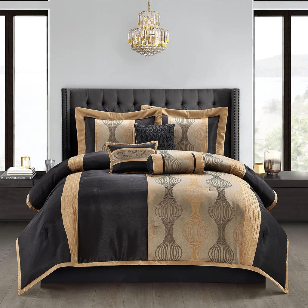 Grand Avenue Elegant Black and Gold Comforter Set King Size, Striped, 7 Pieces Jacquard Bedding Sets All Season with Comforter, Bed Skirt, Pillows & Shams, Lightweight Microfiber
