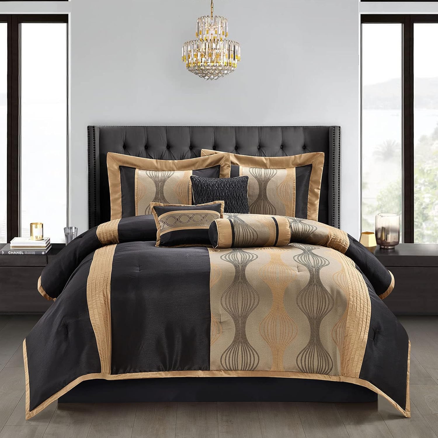 Grand Avenue Elegant Black and Gold Comforter Set King Size, Striped, 7 Pieces Jacquard Bedding Sets All Season with Comforter, Bed Skirt, Pillows & Shams, Lightweight Microfiber