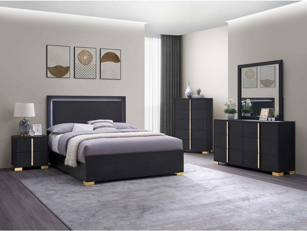 HomeStock King Size Bedroom Set Black Finish with Gold Accents - 5 Piece