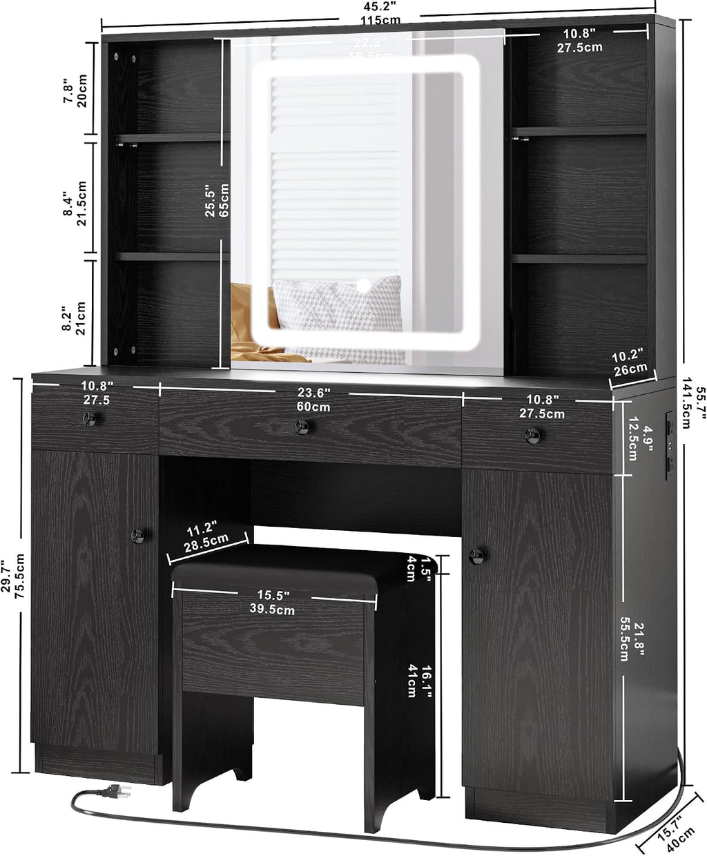 IRONCK Vanity Desk Set with Large LED Lighted Mirror & Power Outlet, 7 Drawers Vanities Dressing Makeup Table with Storage Bench, for Bedroom, Industrial Style Black