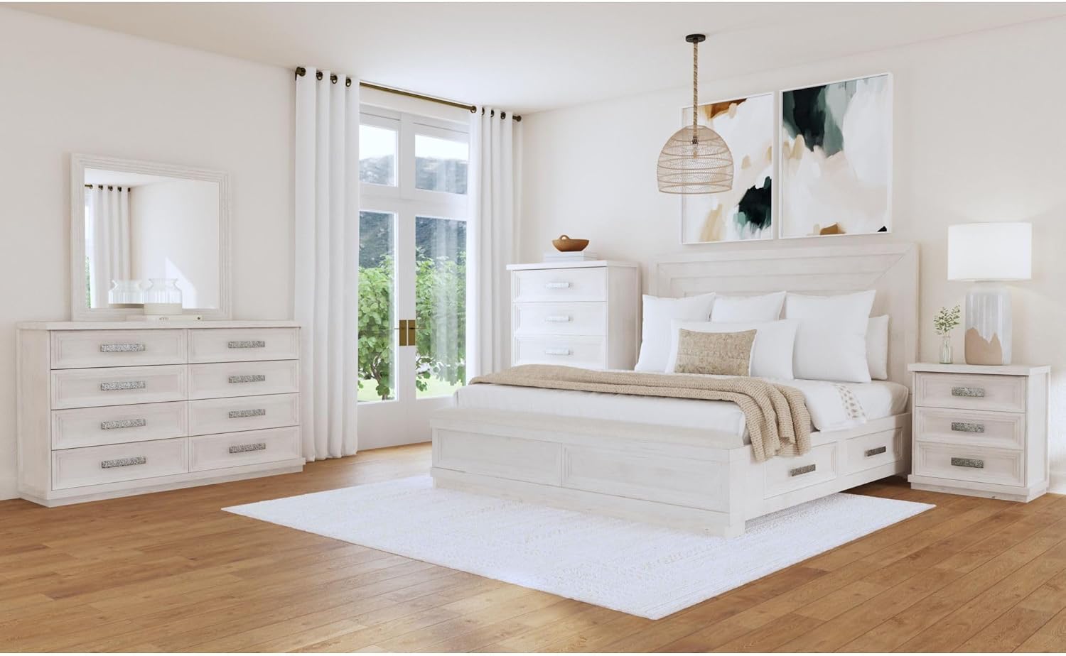 Picket House Furnishings Rhiannon King Storage 5PC Bedroom Set in Antique White