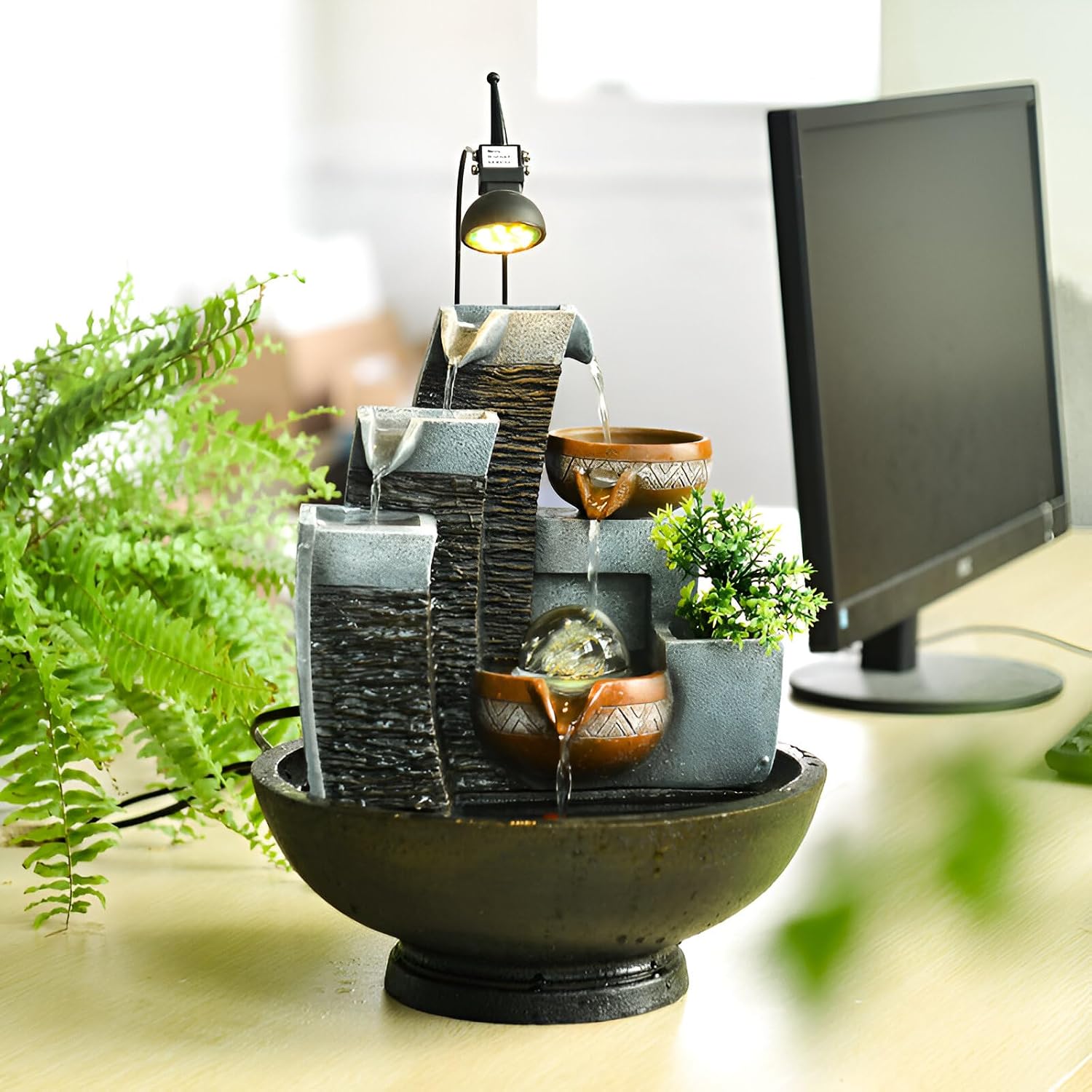 16.93' Indoor Tabletop Fountain with LED Fish Tank, Lighted Crystal Ball & Free 10 Natural Crystals – Water Feature for Home, Office, Entryway & Housewarming Gift (Style 2 + Spotlight)