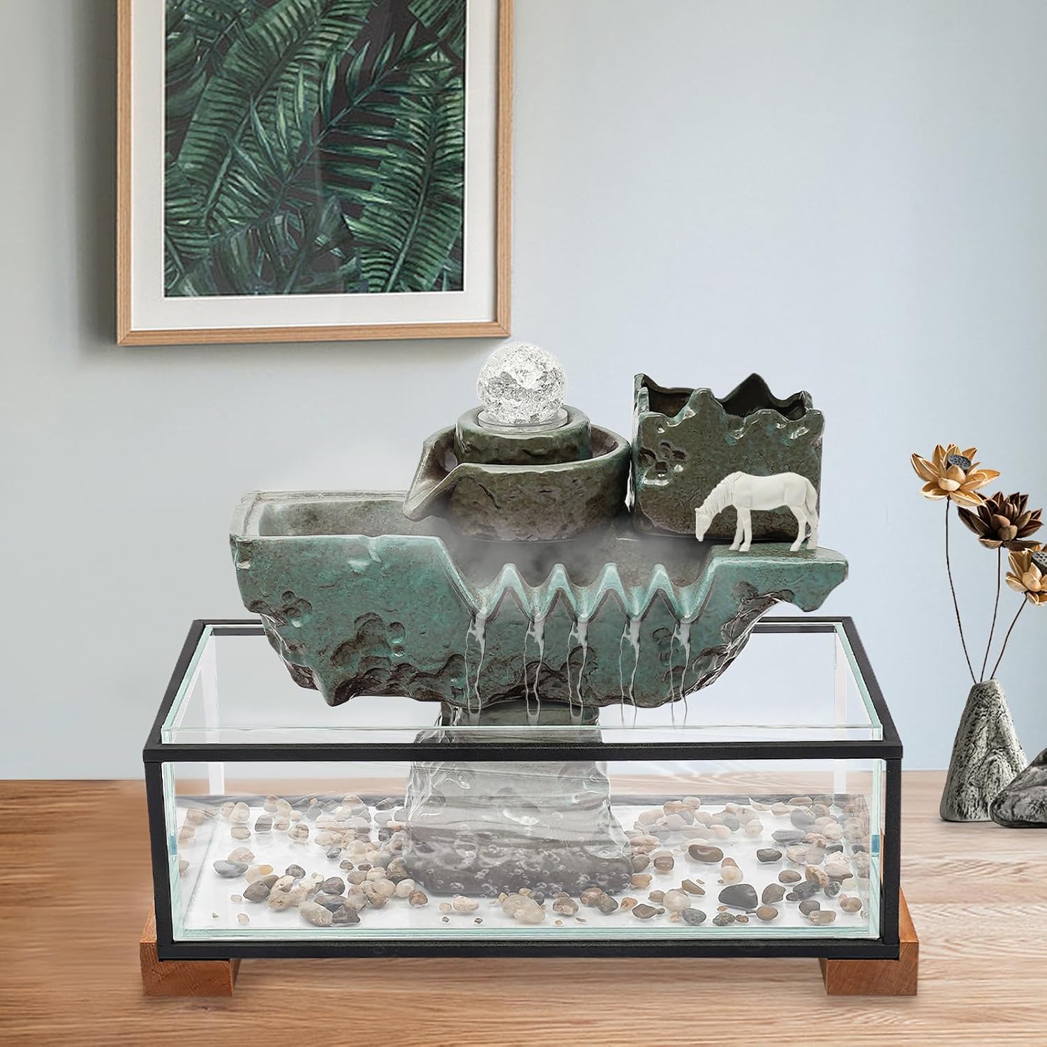 Indoor Fountain Rockery Tabletop Fountain with an Atomizer Elaxation Water Feature Meditation Desktop Fountains for Home Office Decor or Giving 16' x 5'' x 13'' with LED Light & Fish Tank