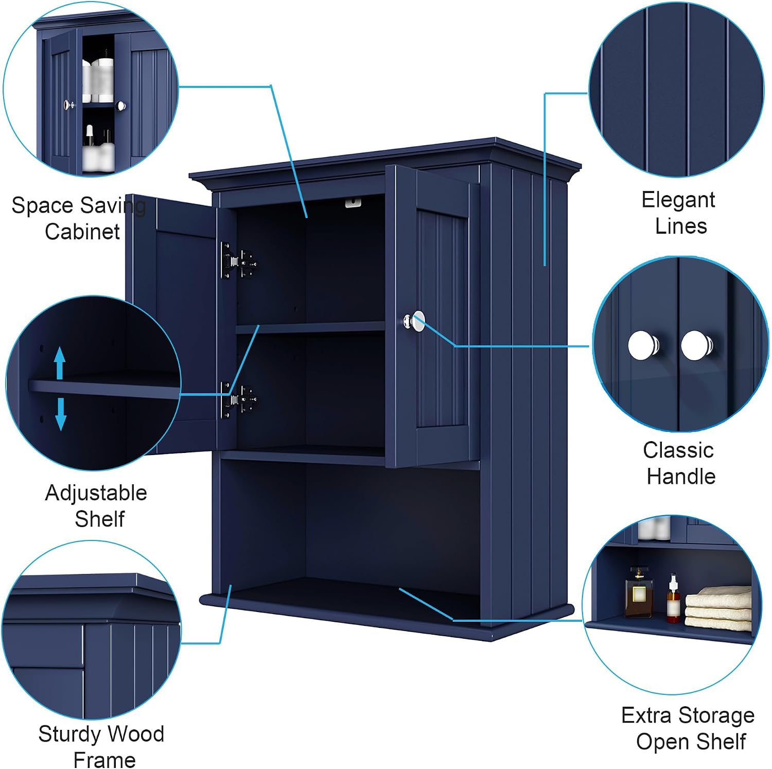 Treocho Wood Wall Cabinet, Bathroom Medicine Cabinet Storage with Doors and Adjustable Shelf, Rustic Cabinet Wall Mounted for Bathroom, Living Room, Kitchen, Blue