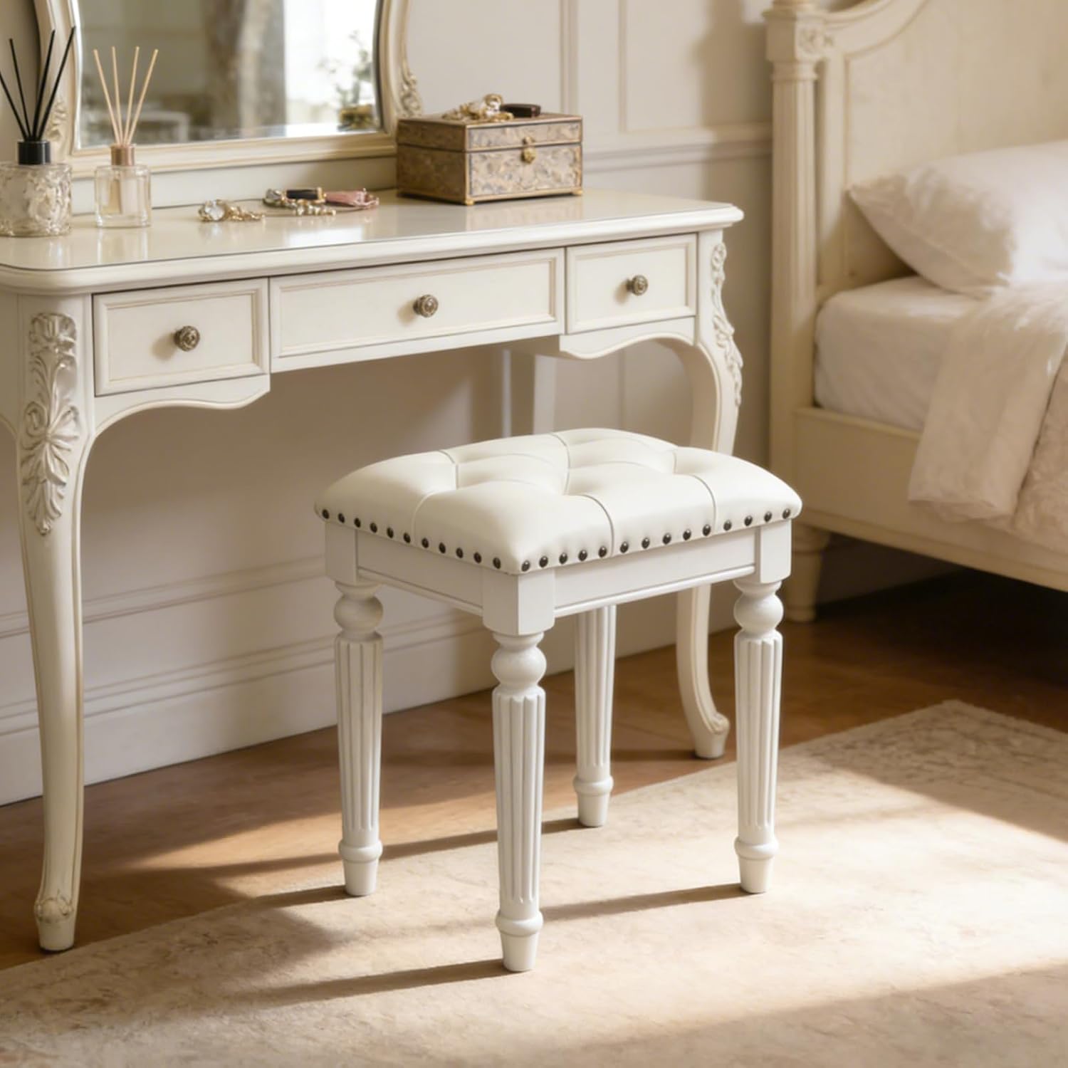 Vanity Stool with White Faux Leather Cushion, Small Vanity Bench-Tufted Leatherette Seat with Nailhead Trim & Button-Tufted Design,Solid Wood Legs with Carved Detail, Backless Makeup Stool for Bedroom