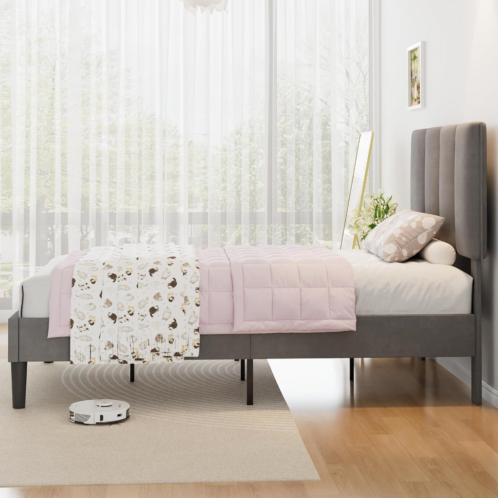 VECELO Twin Size Bed Frame with Upholstered Headboard, Heavy-Duty Bedframe with Wooden Slats & Steel Framework, Easy Assembly, Dark Grey